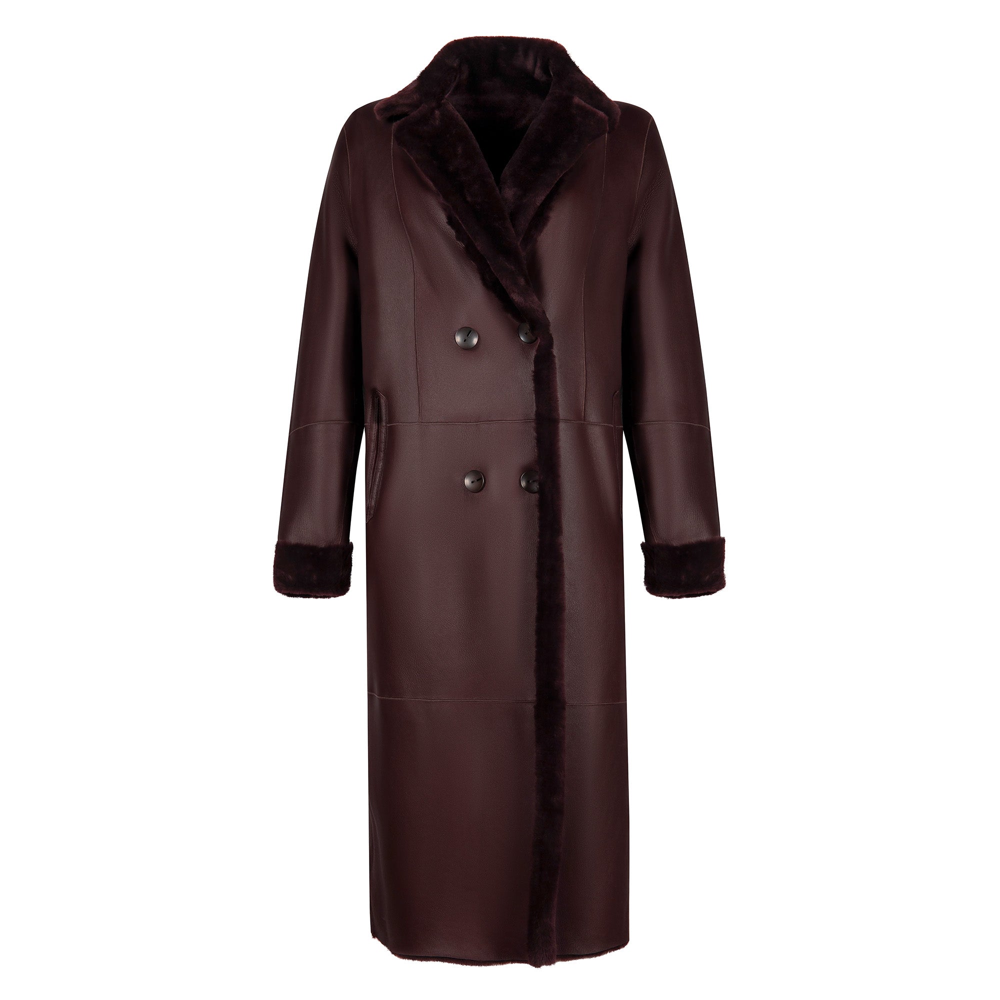 Burgundy sheepskin coat with fur collar and cuffs, double-breasted front view. - Yellow Earth Australia