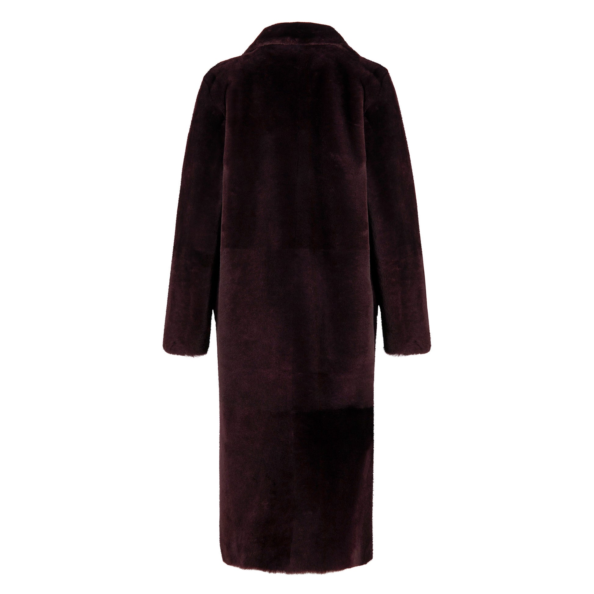 Dark burgundy sheepskin coat with collar, shown from back view. - Yellow Earth Australia