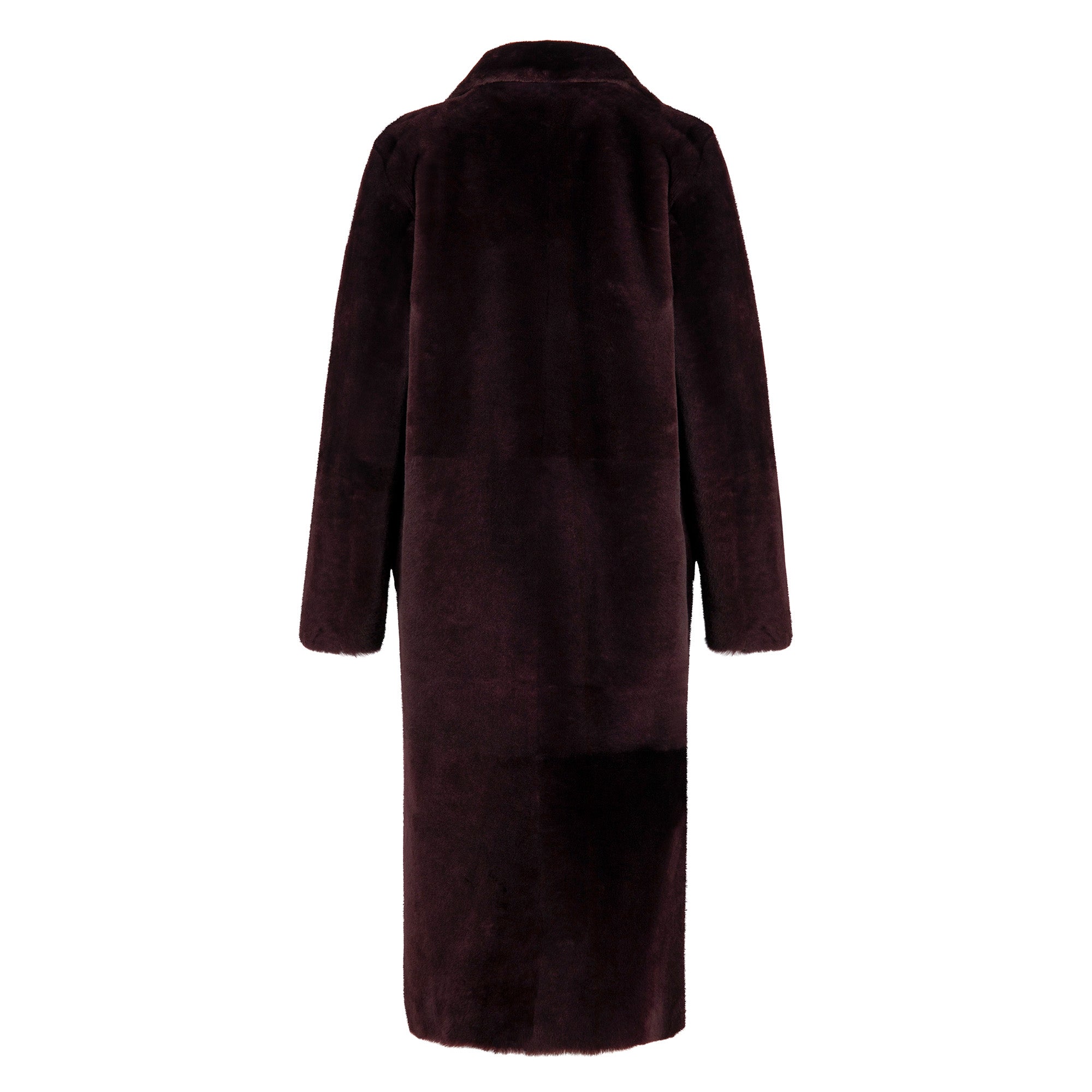 Dark burgundy sheepskin coat with collar, shown from back view. - Yellow Earth Australia