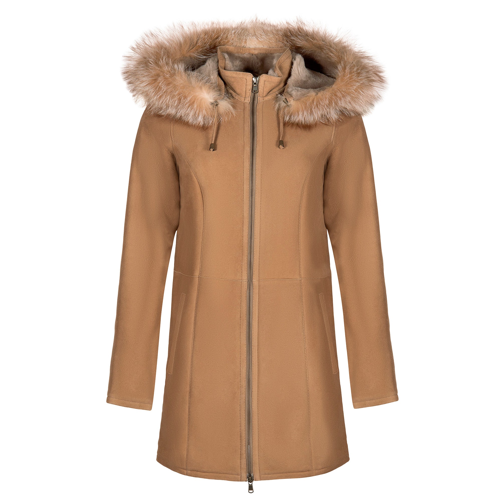 Camel wool coat with fur-lined hood, front view. - Yellow Earth Australia