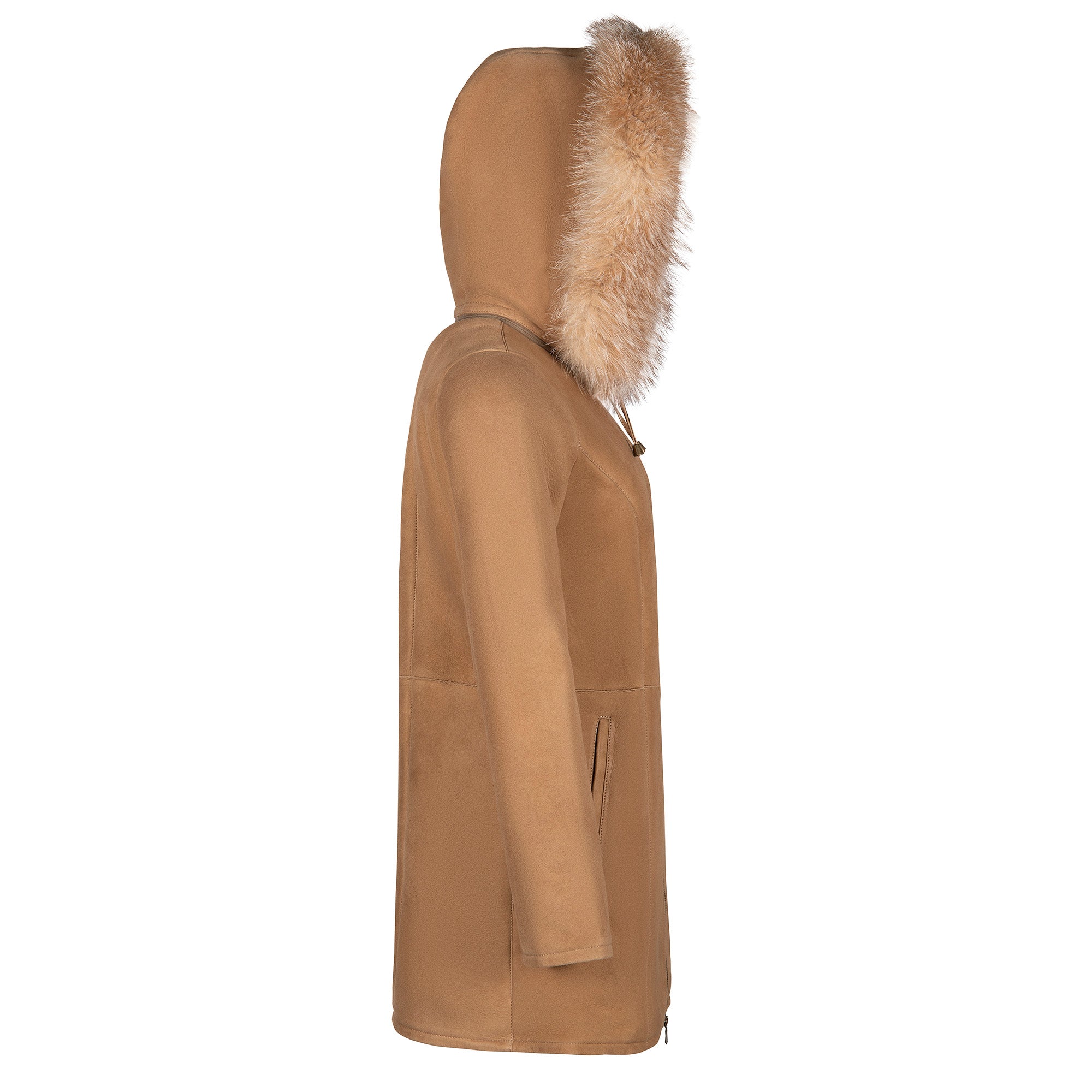 Camel sheepskin coat with fur-lined hood, side view. - Yellow Earth Australia