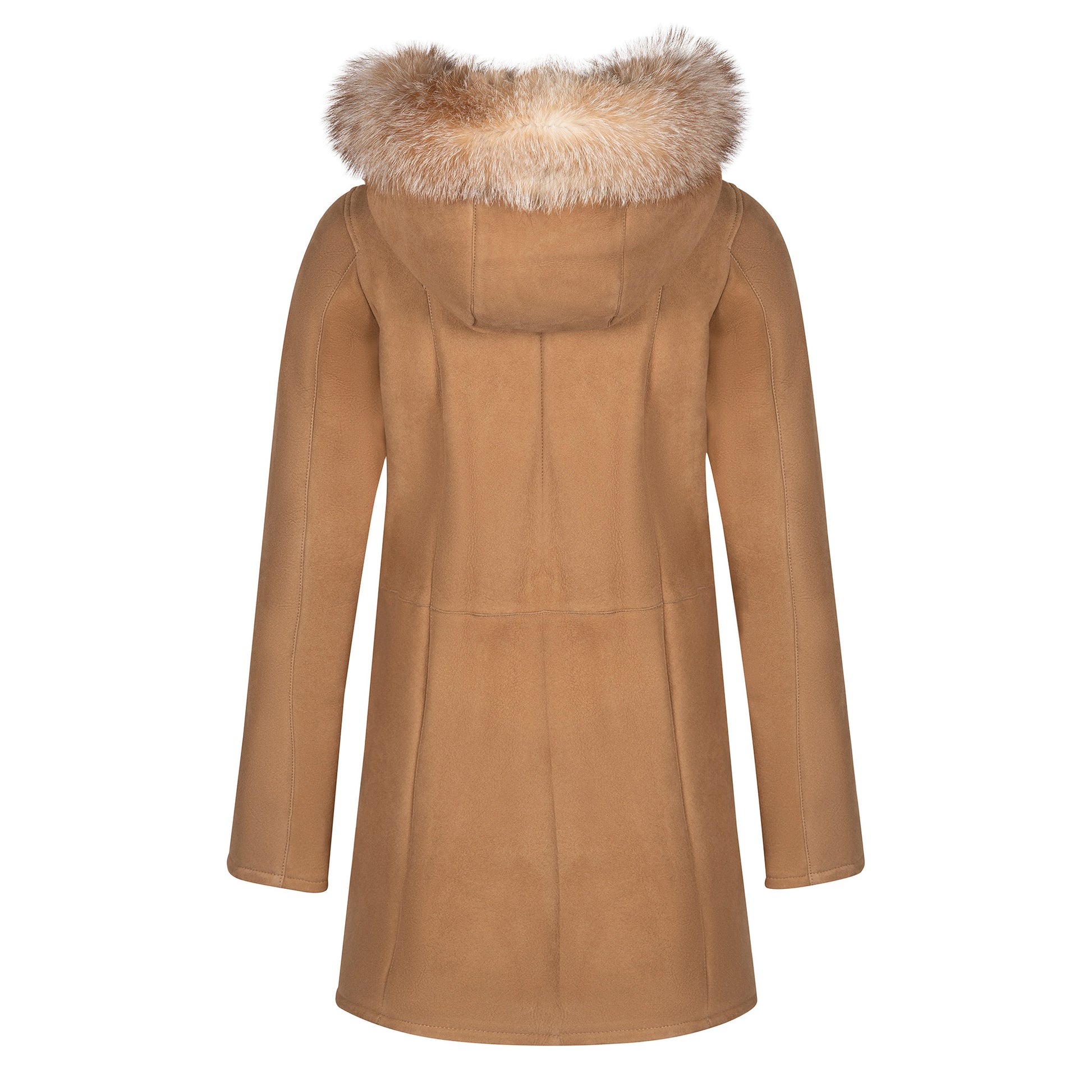 Camel wool coat with fur-lined hood, back view. - Yellow Earth Australia