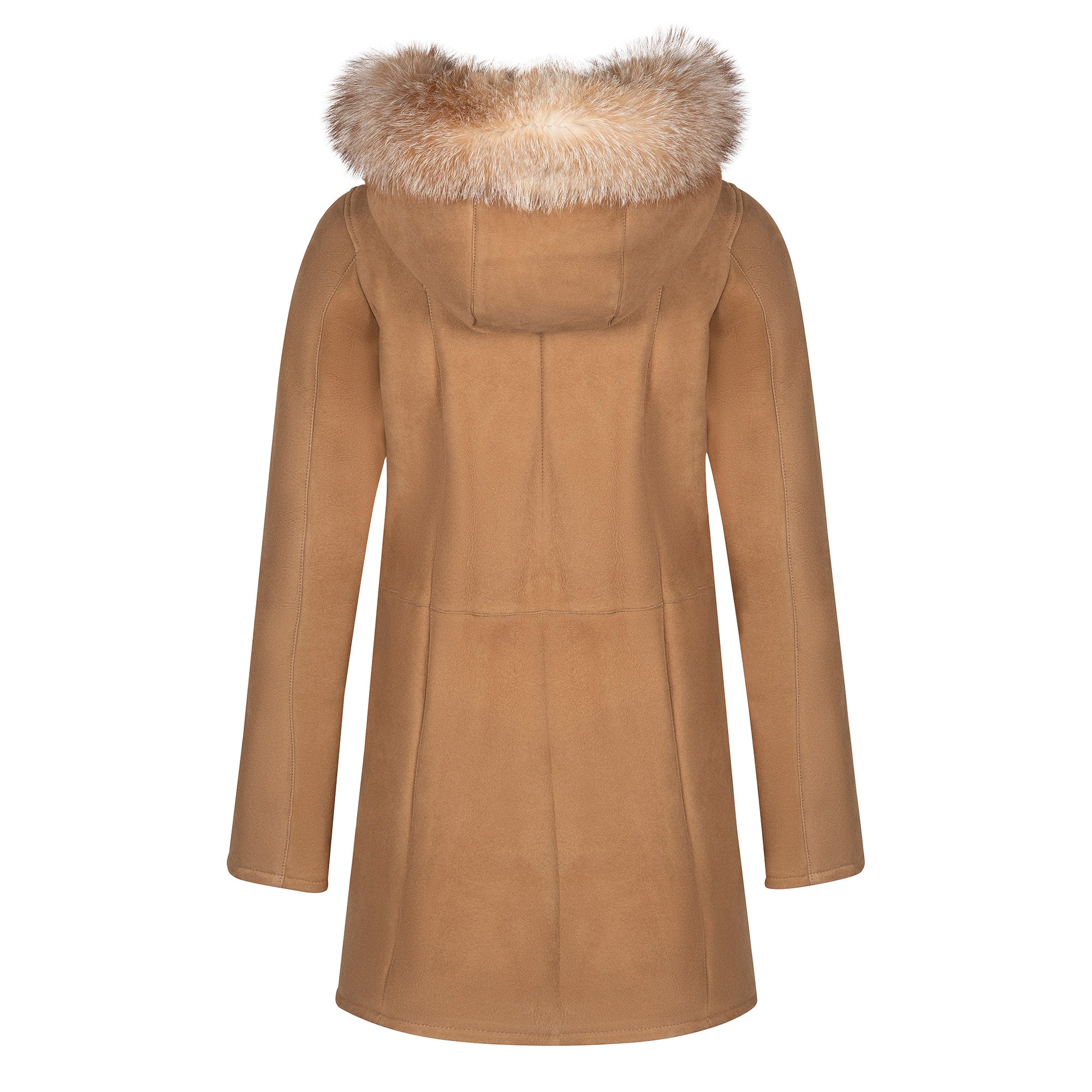 Camel wool coat with fur-lined hood, back view. - Yellow Earth Australia