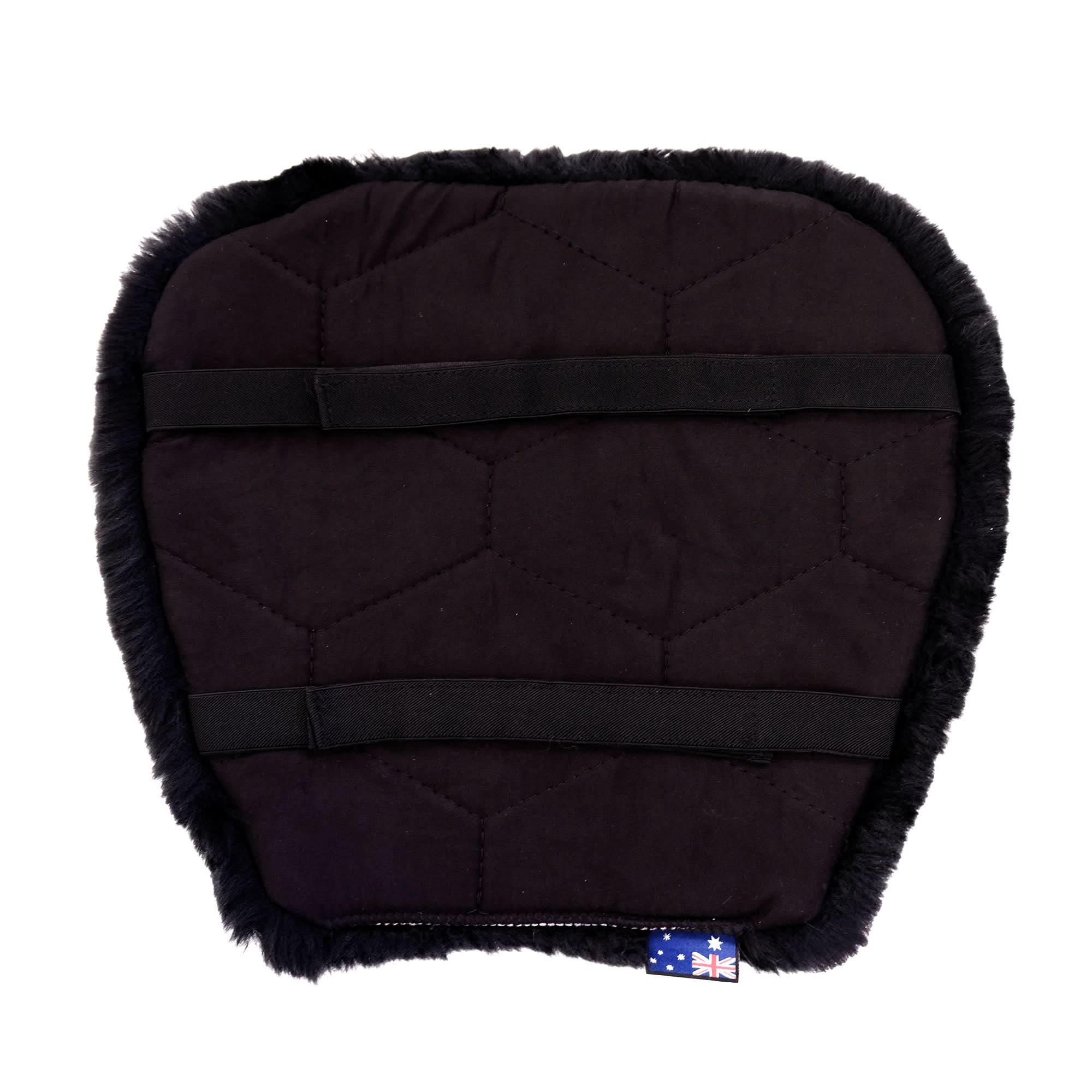 Black sheepskin seat cover with quilted design and fleece trim, top view. - Yellow Earth Australia