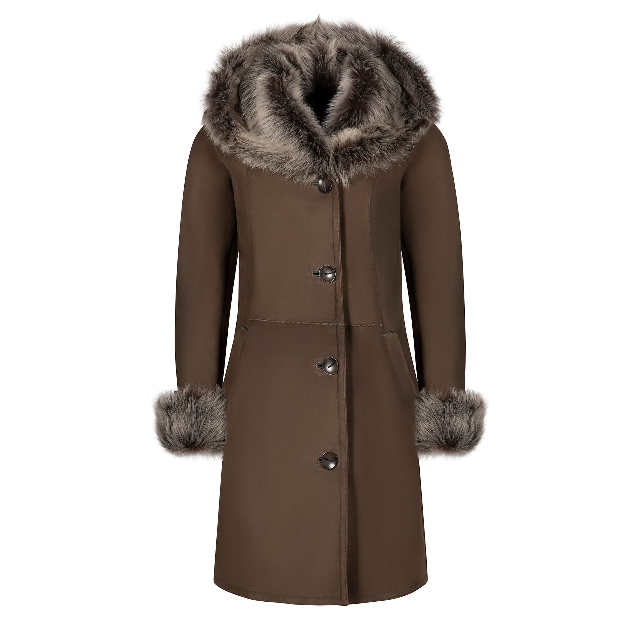 Brown wool coat with grey fur collar and cuffs, front view. - Yellow Earth Australia
