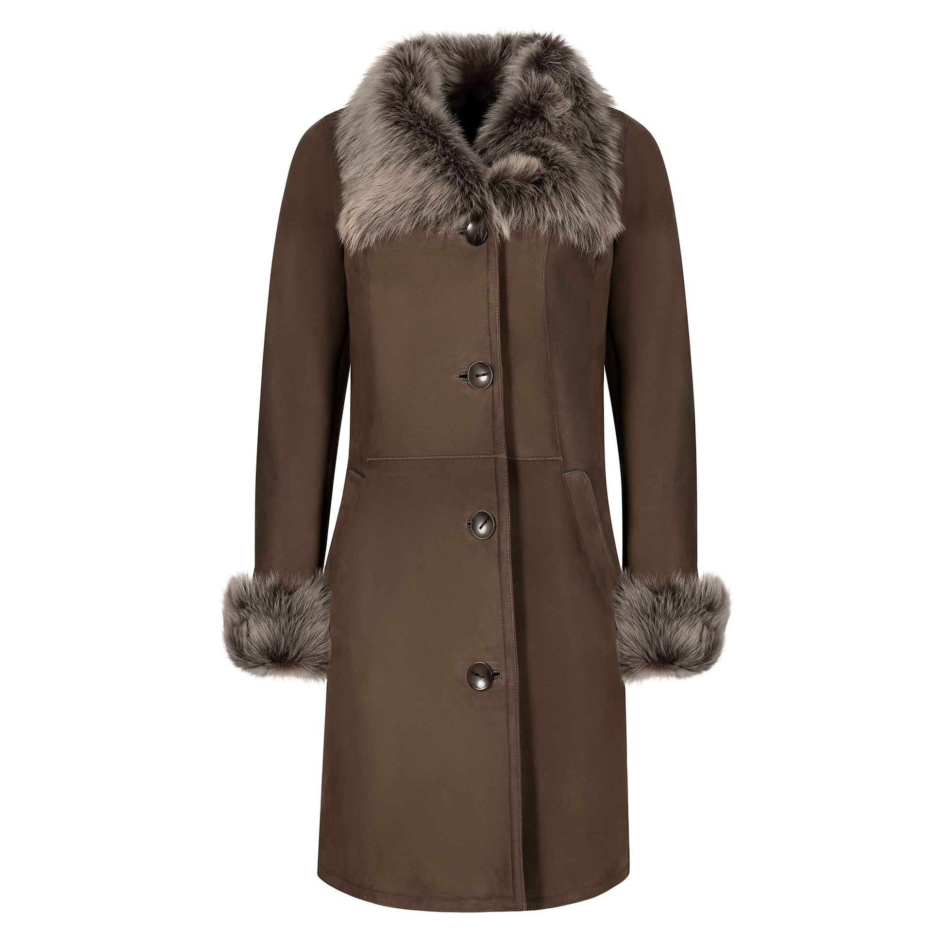 Brown sheepskin coat with fur collar and cuffs, front view. - Yellow Earth Australia