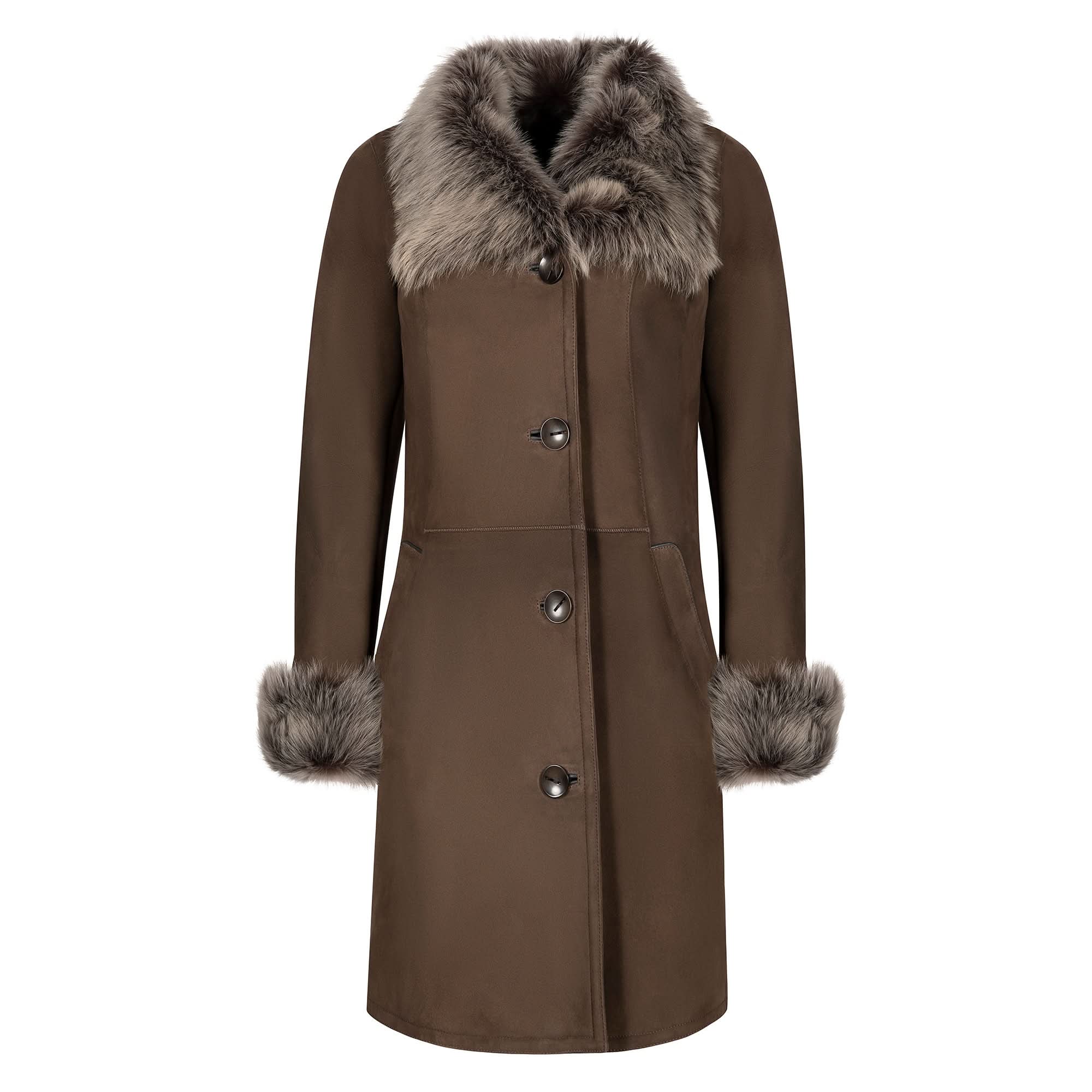 Brown sheepskin coat with fur collar and cuffs, front view. - Yellow Earth Australia