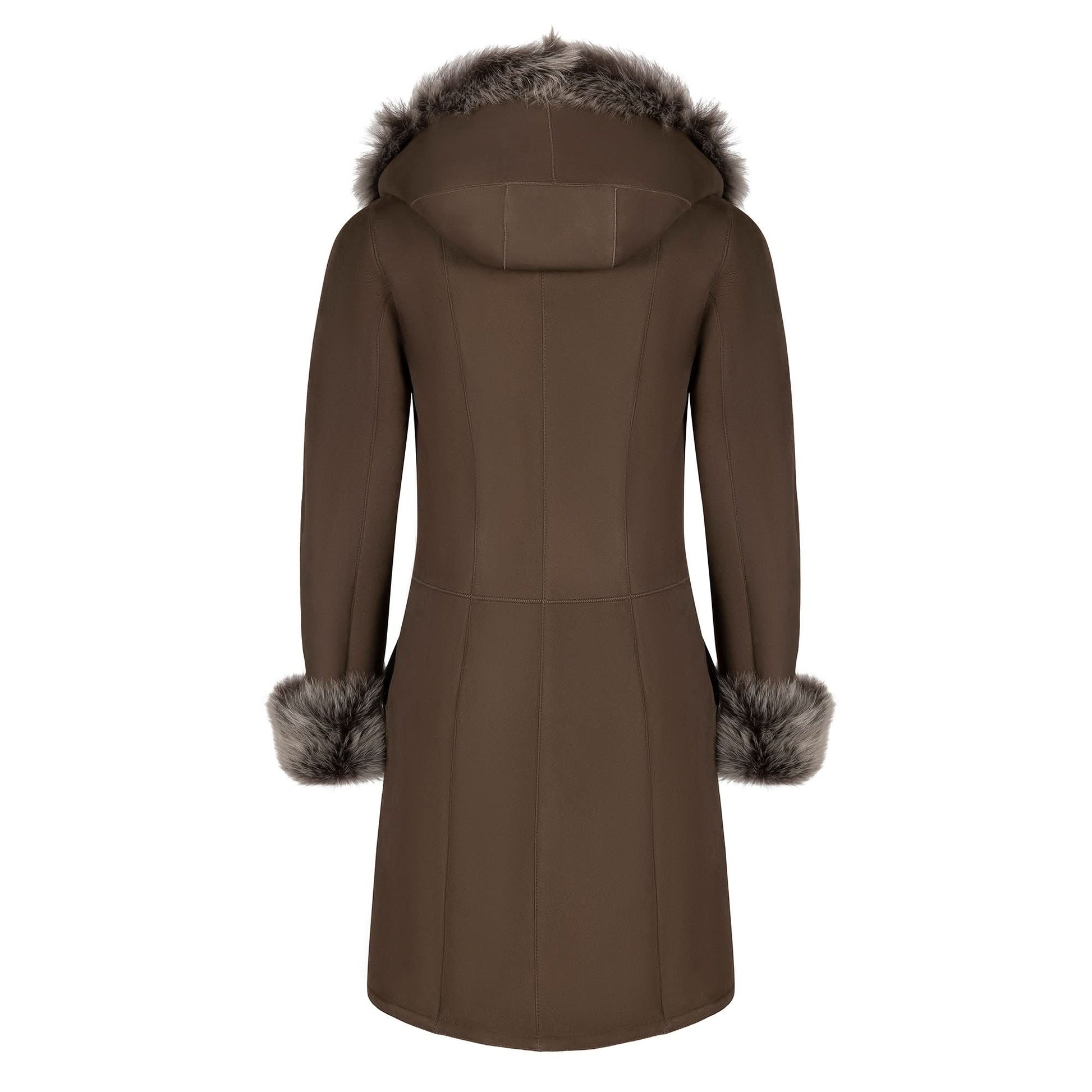 Women's brown sheepskin coat with fur-lined hood and cuffs, back view. - Yellow Earth Australia