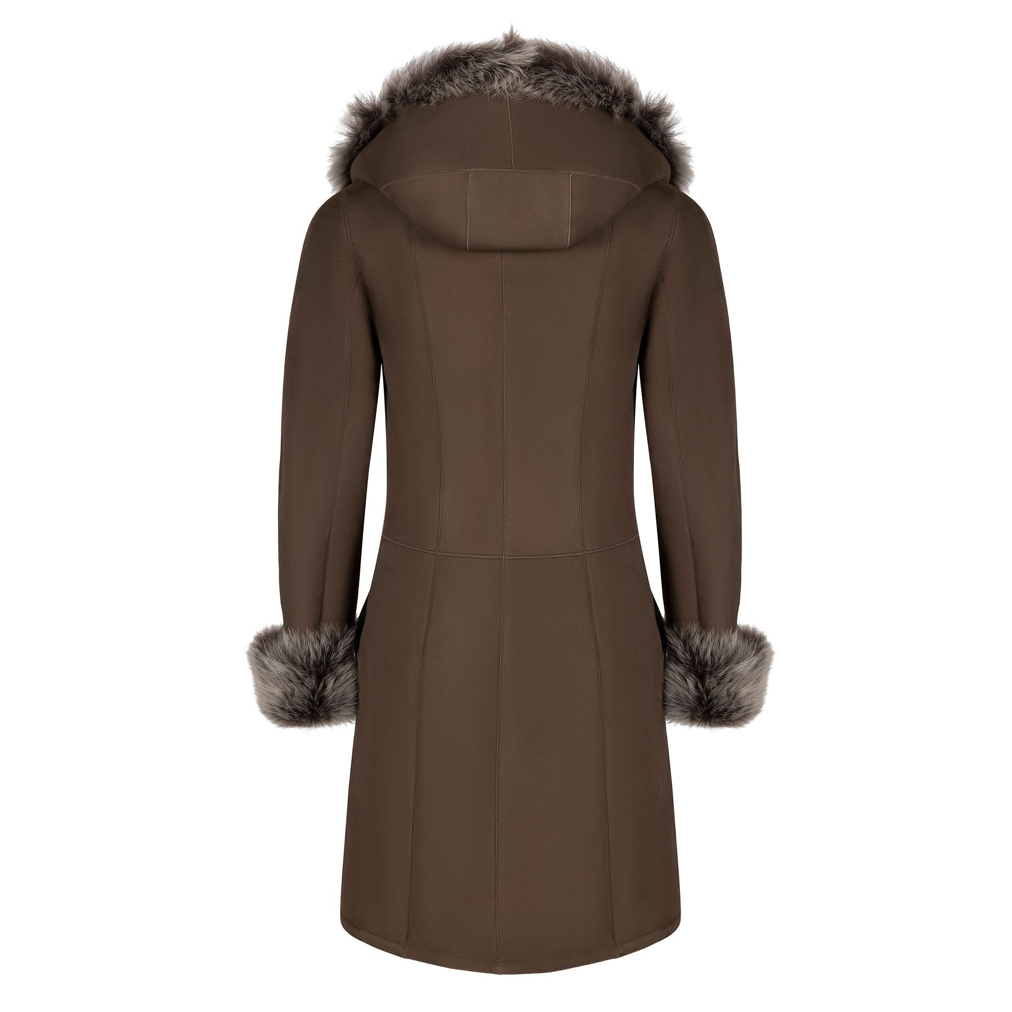 Women's brown sheepskin coat with fur-lined hood and cuffs, back view. - Yellow Earth Australia