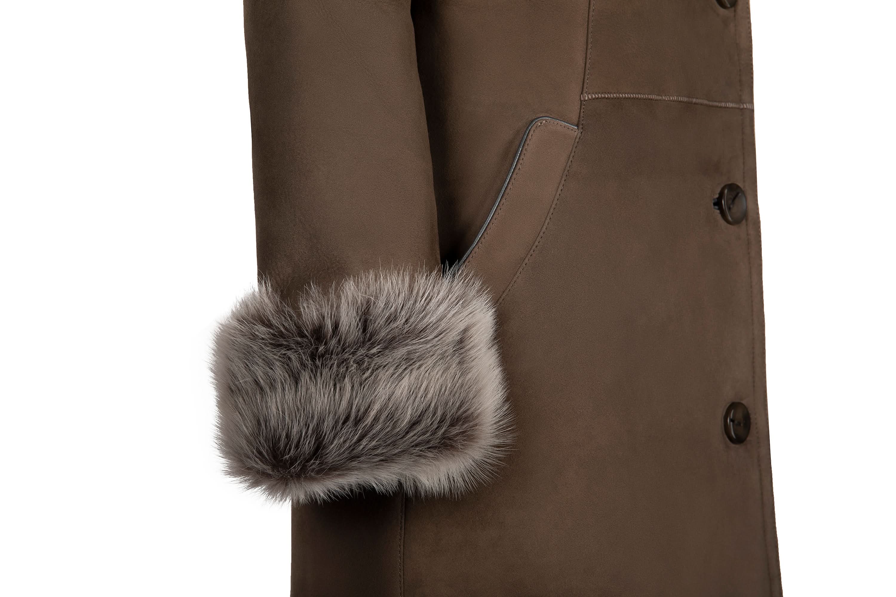 Taupe wool coat with grey fur cuff detail, close-up side view. - Yellow Earth Australia
