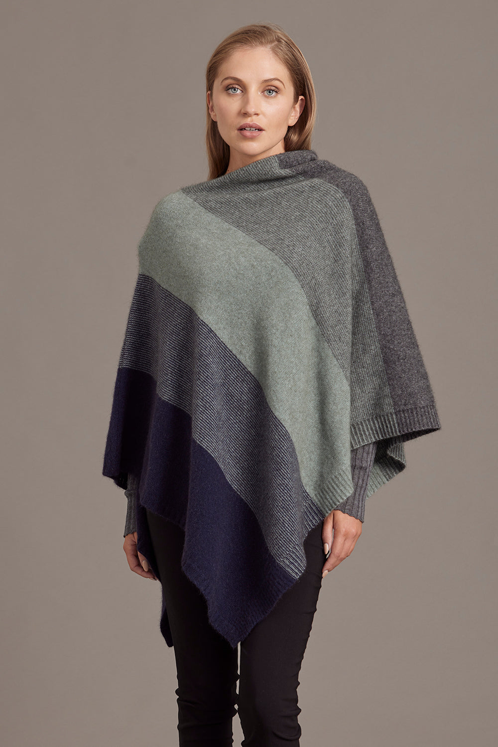 Colour-block wool wrap in grey, charcoal and navy, modelled front angle. - Yellow Earth Australia