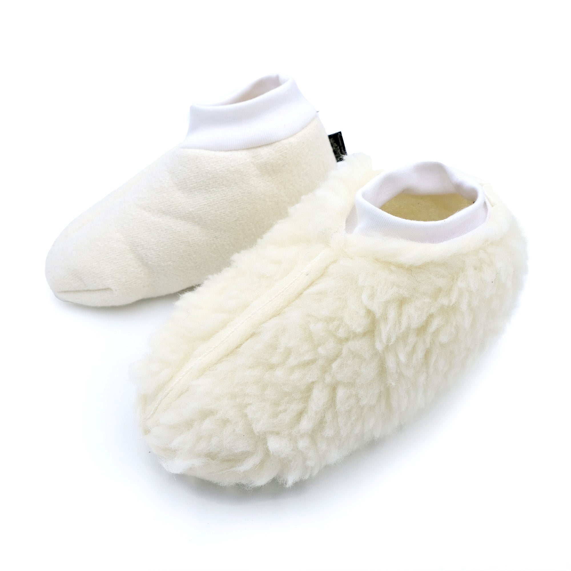 Cream wool slipper socks with white cuff shown from above on white background. - Yellow Earth Australia