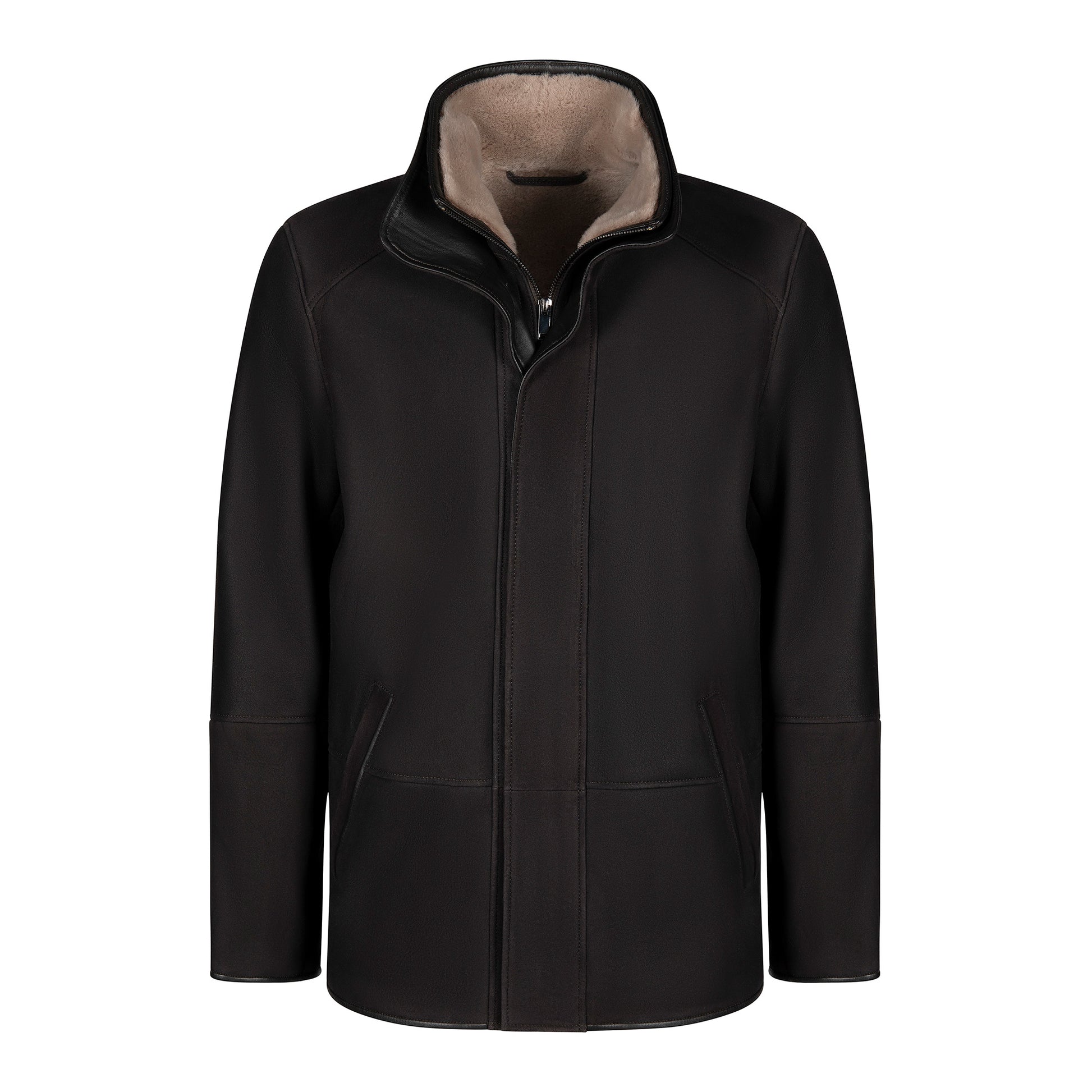 Black sheepskin jacket with fleece lining, front view on white background. - Yellow Earth Australia