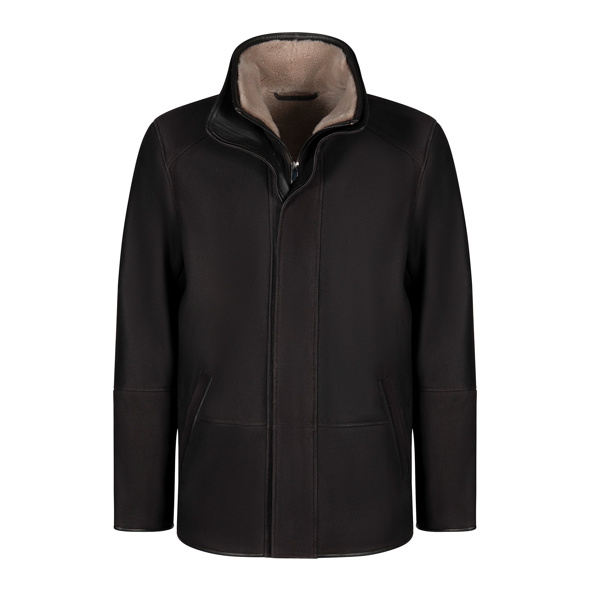 Black sheepskin jacket with fleece lining, front view on white background. - Yellow Earth Australia