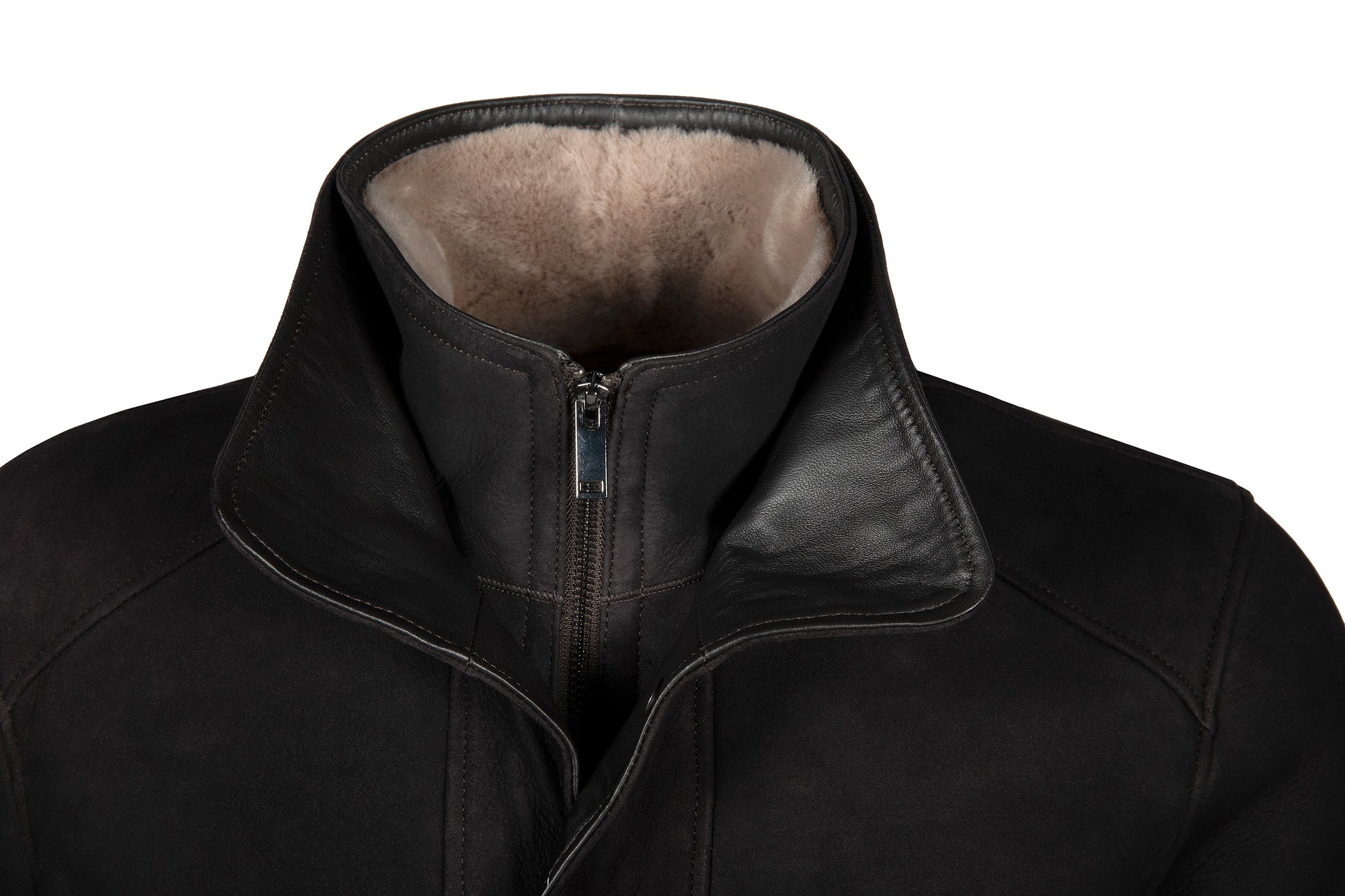 Black sheepskin jacket with fleece lining, front collar view. - Yellow Earth Australia