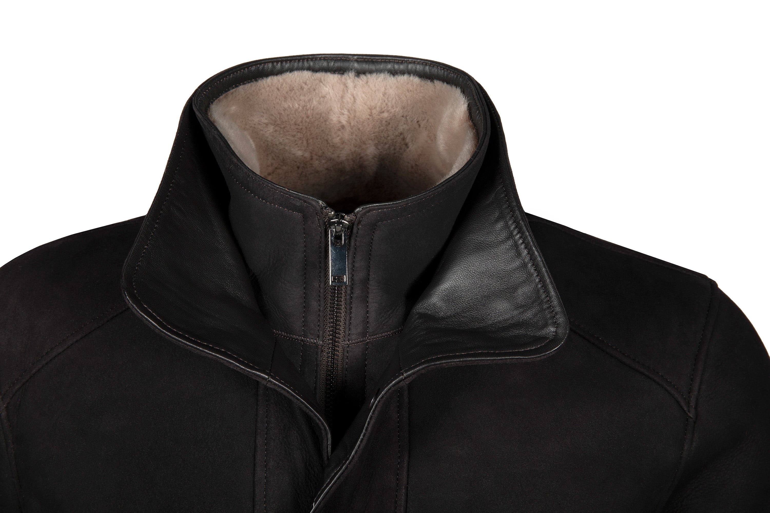 Black sheepskin jacket with fleece lining, front collar view. - Yellow Earth Australia