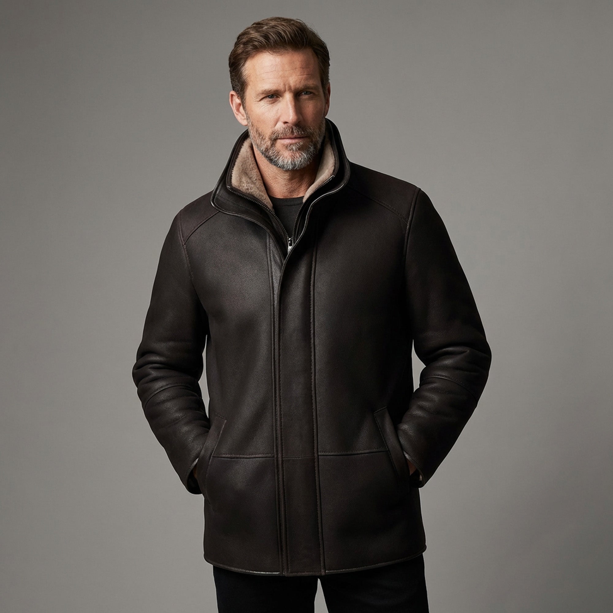Black sheepskin car coat with shearling collar, front view on male model. - Yellow Earth Australia