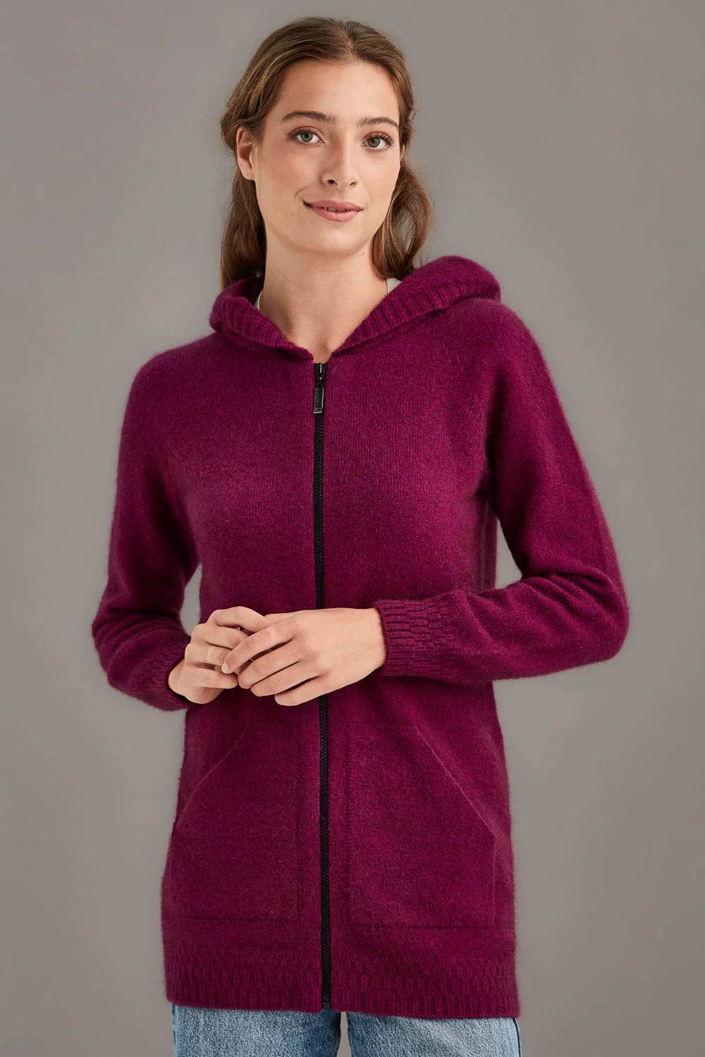Women's burgundy wool hooded cardigan with zip front, front view. - Yellow Earth Australia