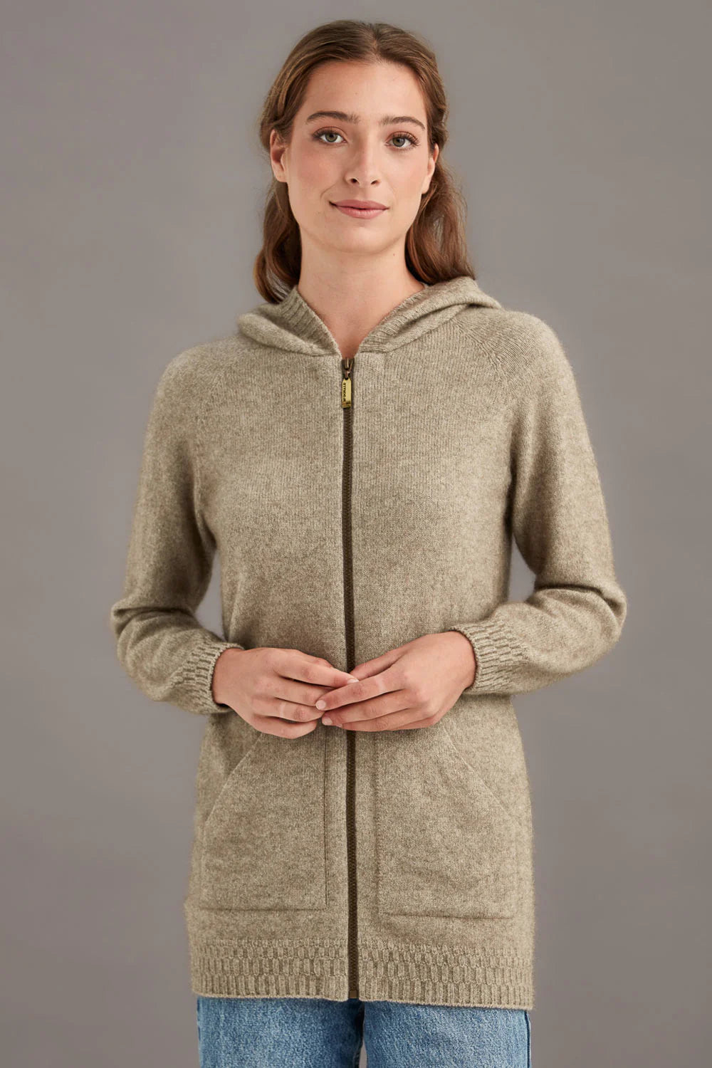 Beige wool hooded cardigan with ribbed cuffs and hem, front view. - Yellow Earth Australia