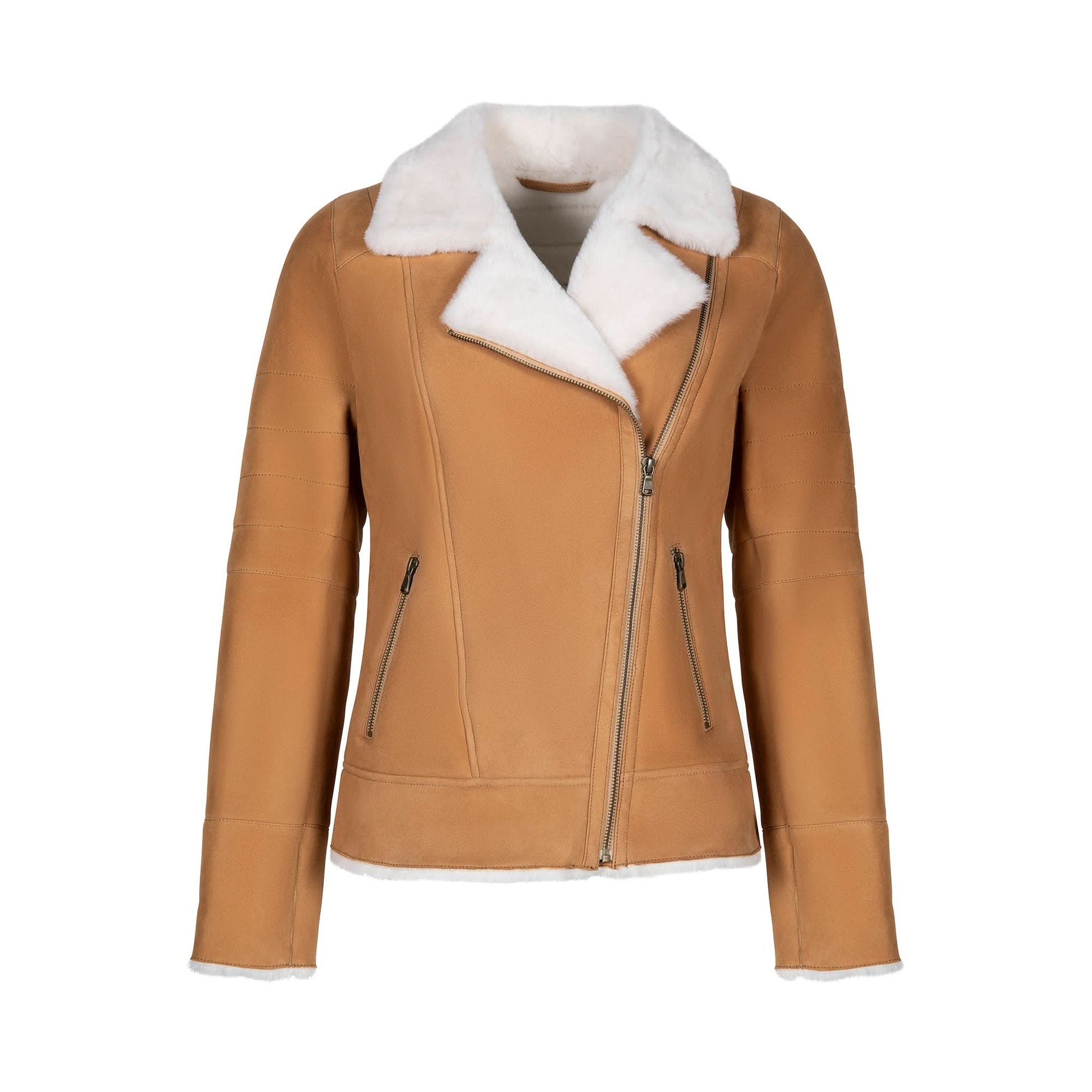 Women's camel sheepskin jacket with white fleece collar, front view. - Yellow Earth Australia