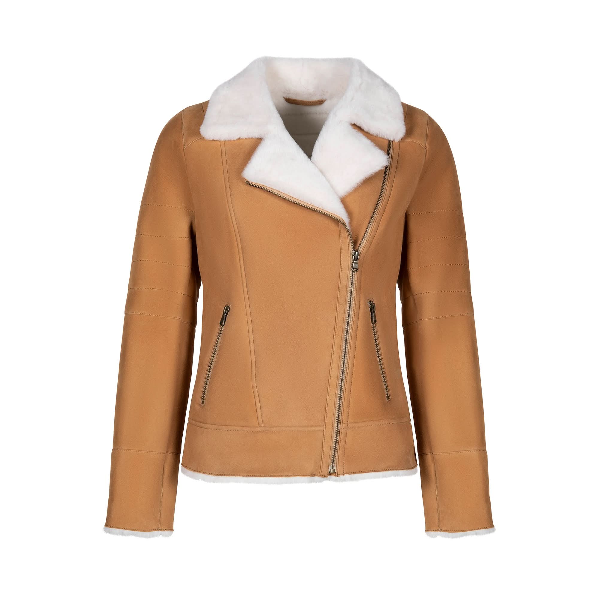 Women's camel sheepskin jacket with white fleece collar, front view. - Yellow Earth Australia