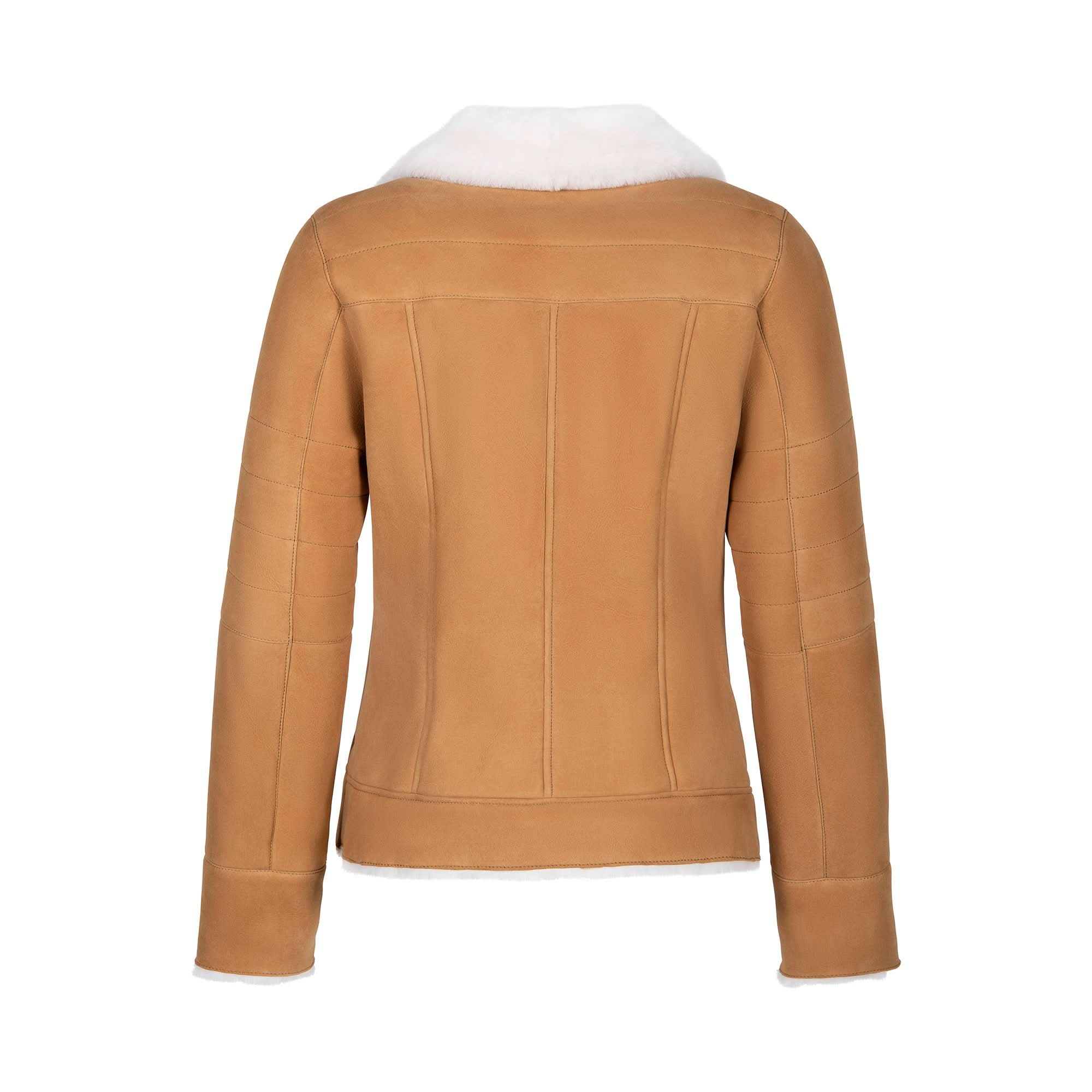 Tan sheepskin jacket with sherpa collar, back view. - Yellow Earth Australia
