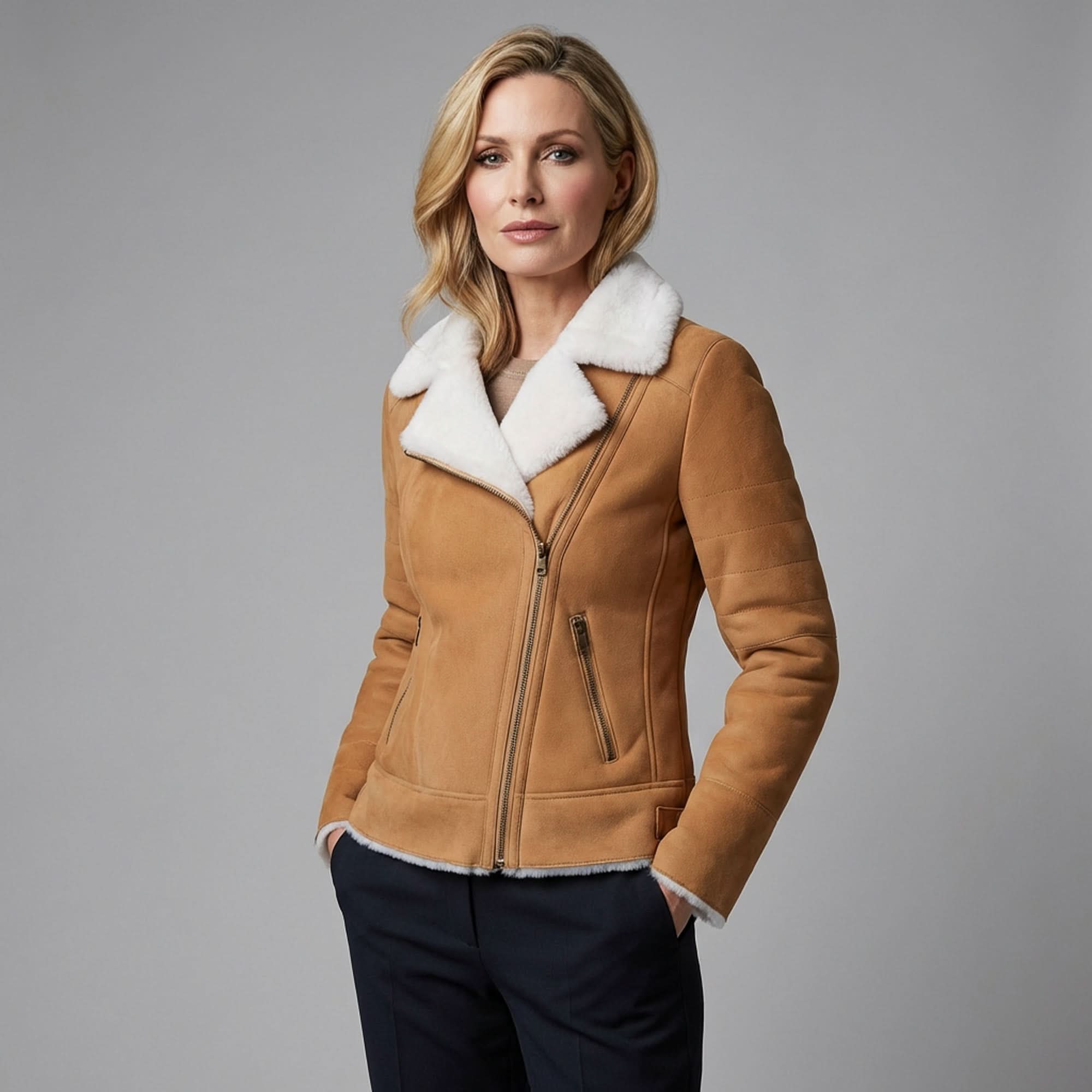 Women's camel sheepskin jacket with cream wool collar, front zip view. - Yellow Earth Australia