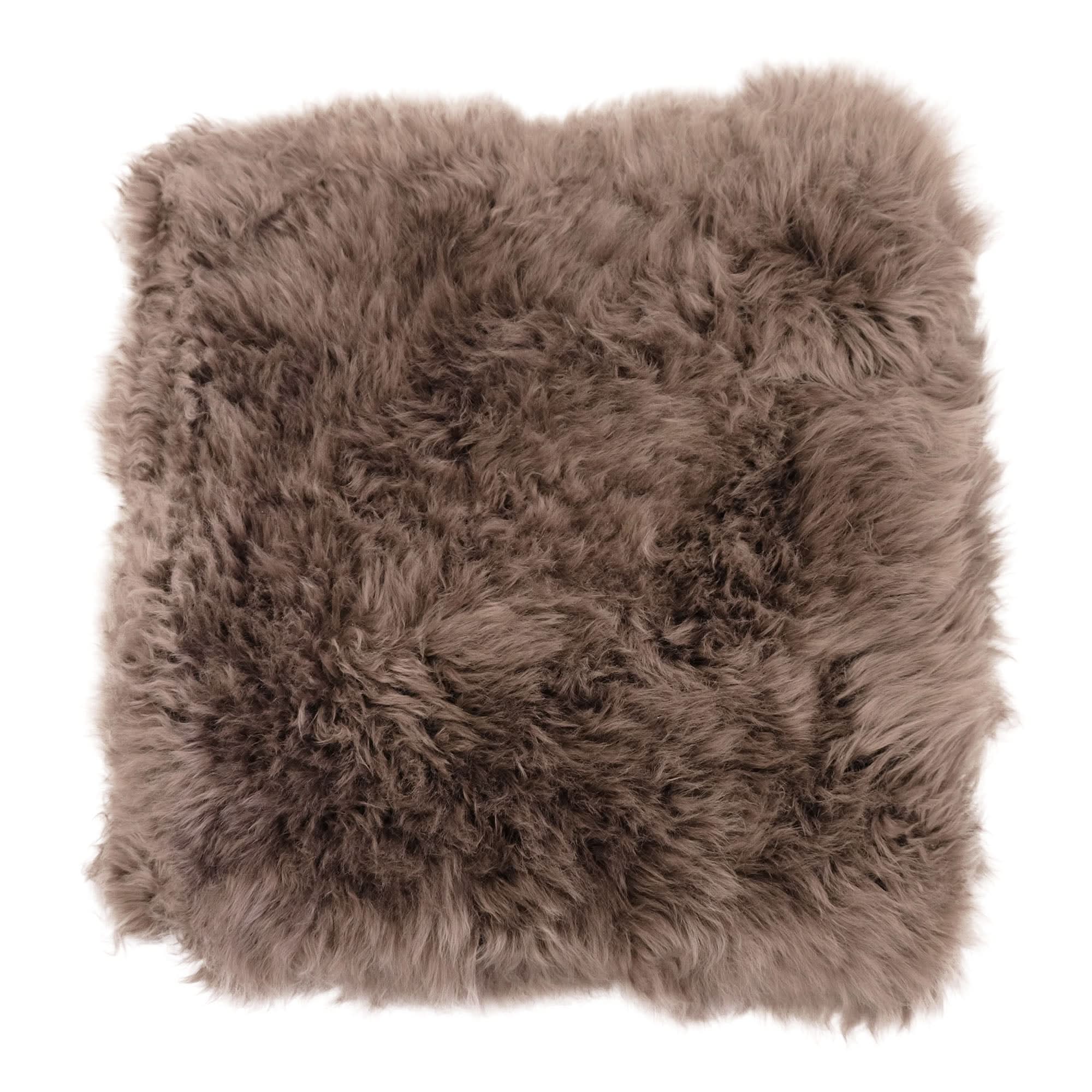 Taupe sheepskin cushion cover with thick woolly fleece texture, top view. - Yellow Earth Australia