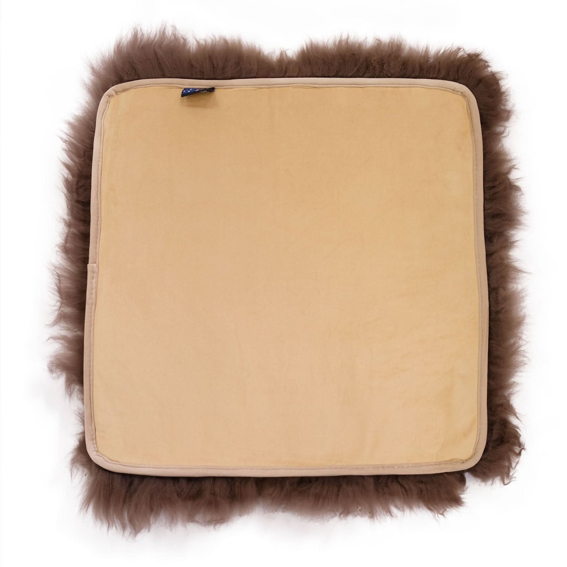 Sheepskin cushion cover with caramel suede top and fluffy wool edges, top view. - Yellow Earth Australia