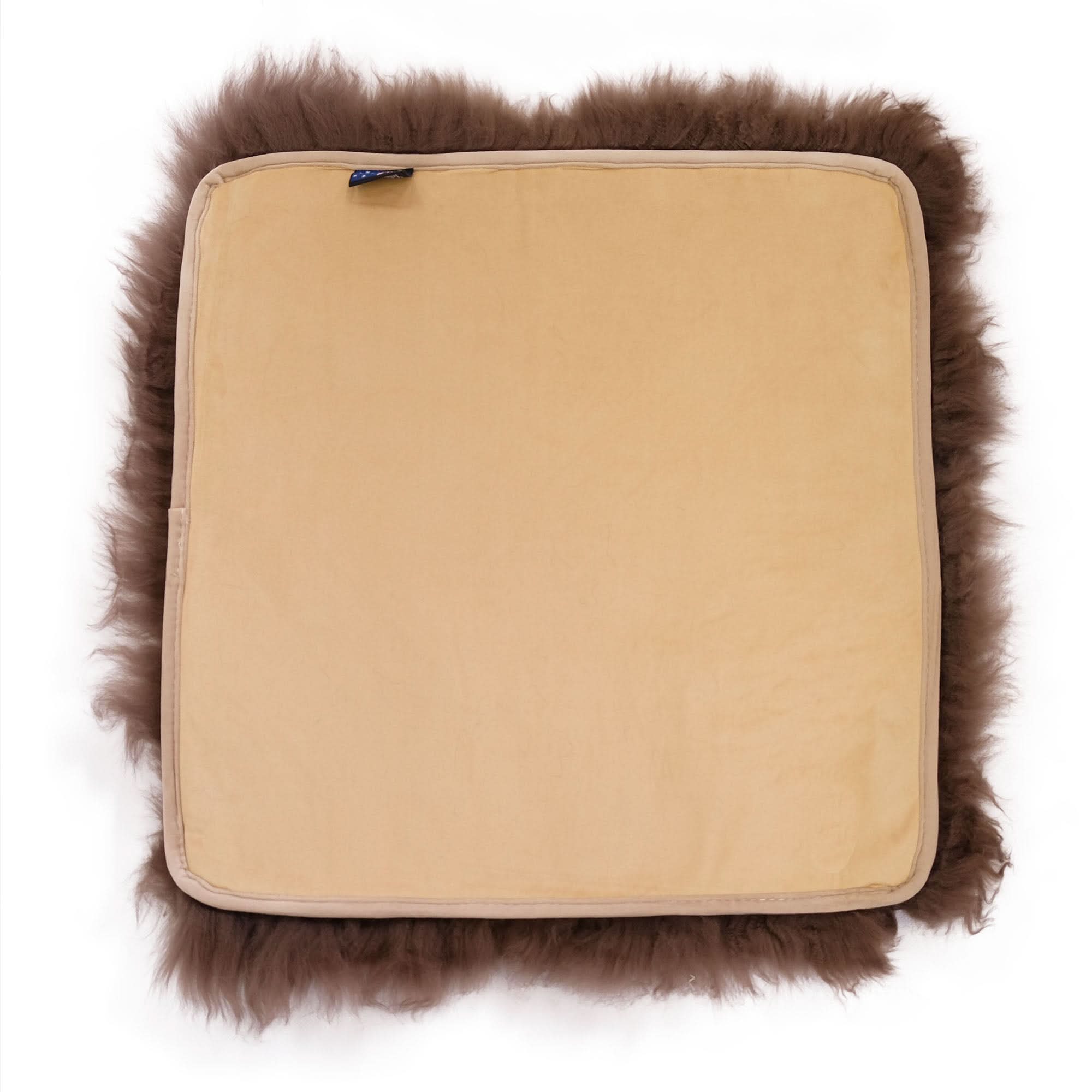 Sheepskin cushion cover with caramel suede top and fluffy wool edges, top view. - Yellow Earth Australia