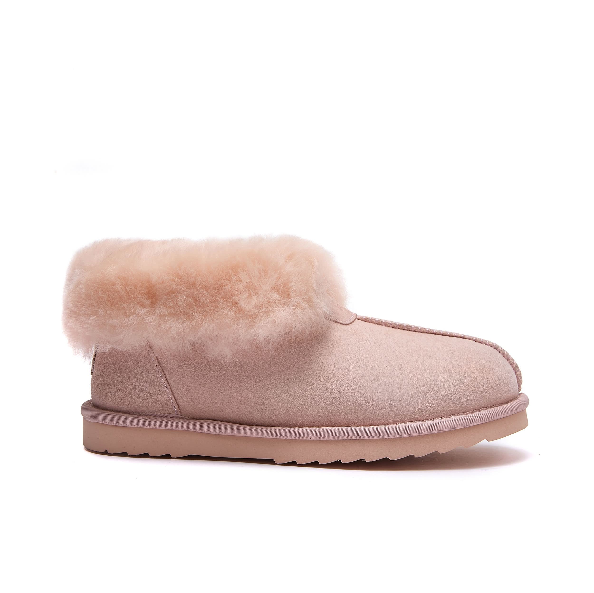 Pink sheepskin slipper boot with fluffy wool cuff, side view. - Yellow Earth Australia