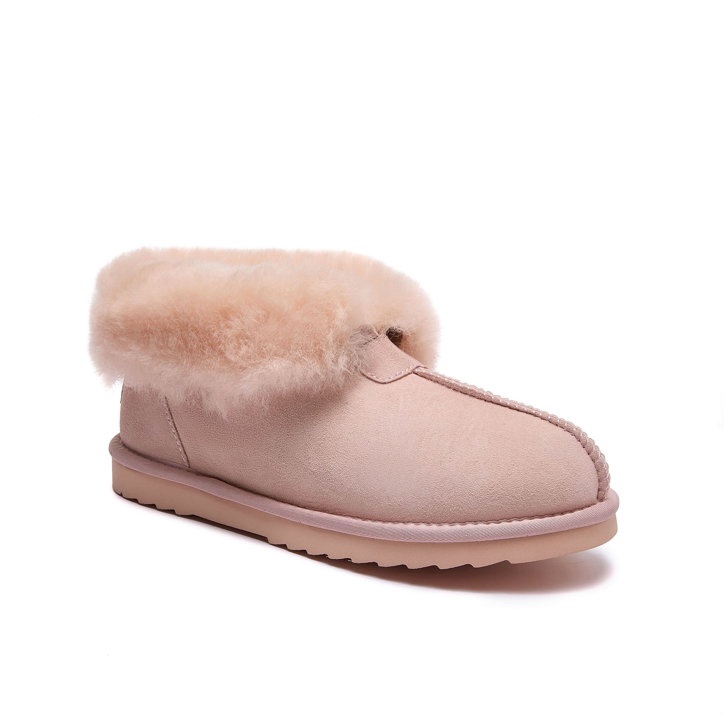 Pink sheepskin slipper boot with fluffy wool cuff, side view. - Yellow Earth Australia