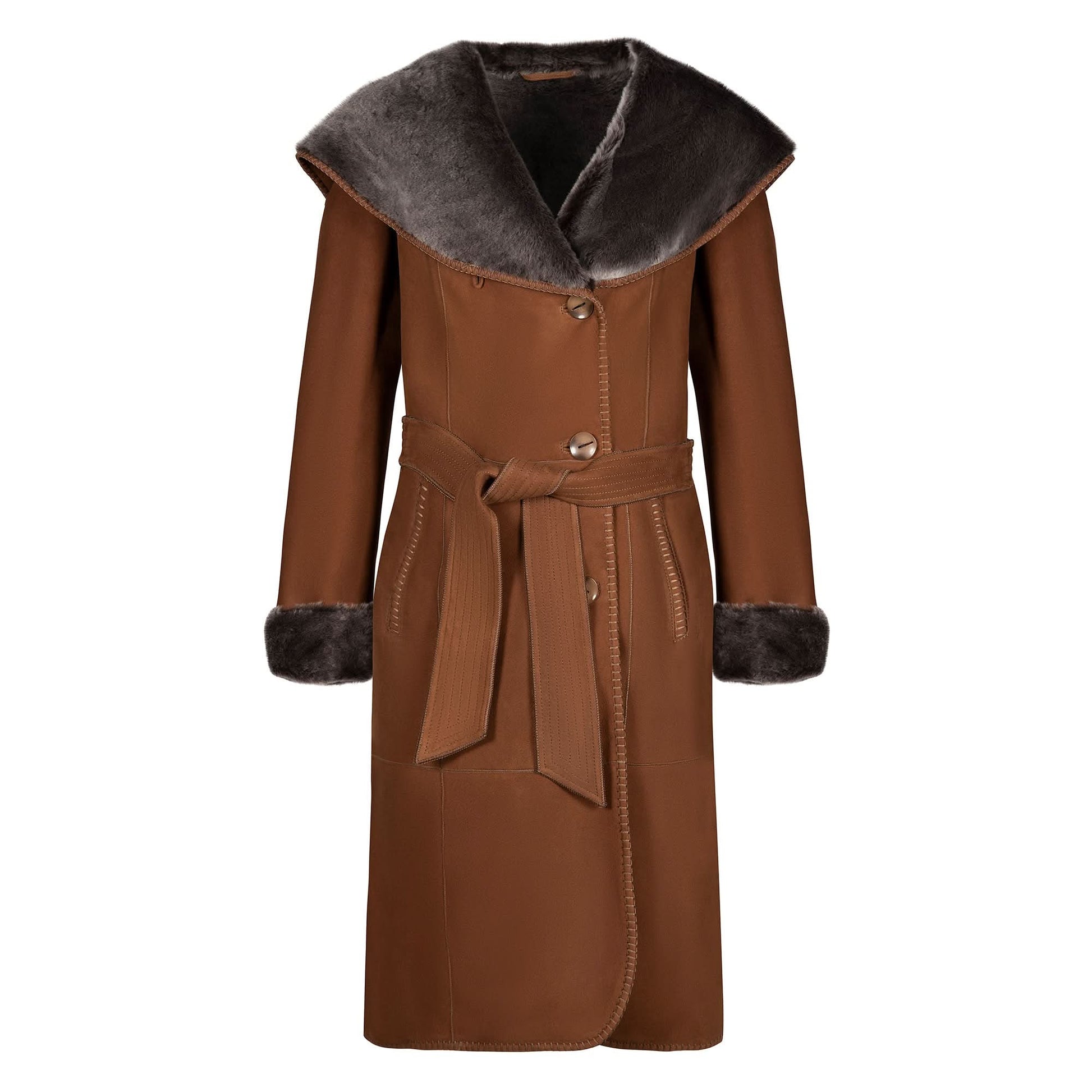 Brown sheepskin coat with charcoal fur collar and cuffs, front view. - Yellow Earth Australia