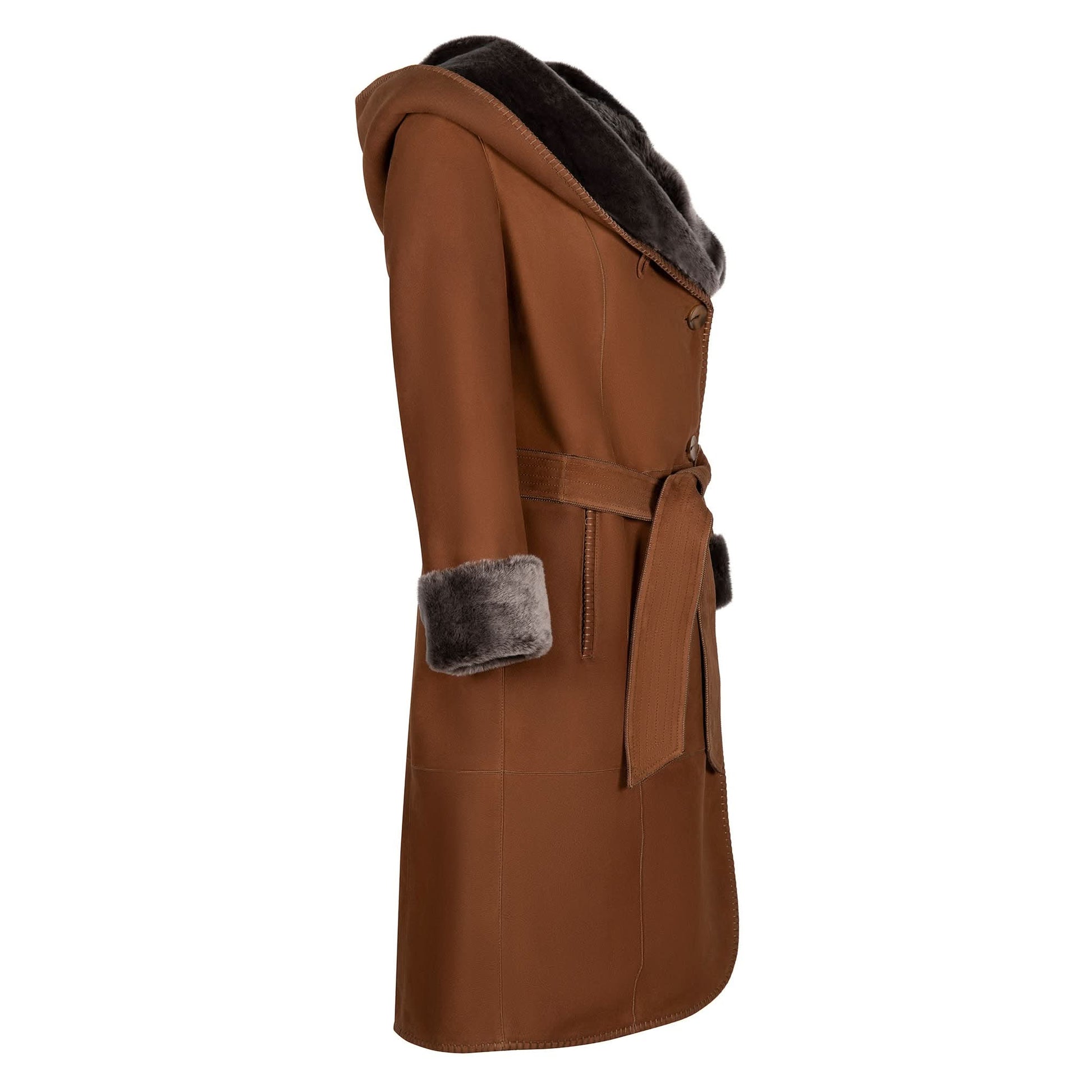 Tan leather coat with charcoal sheepskin collar and cuffs, shown from side angle. - Yellow Earth Australia