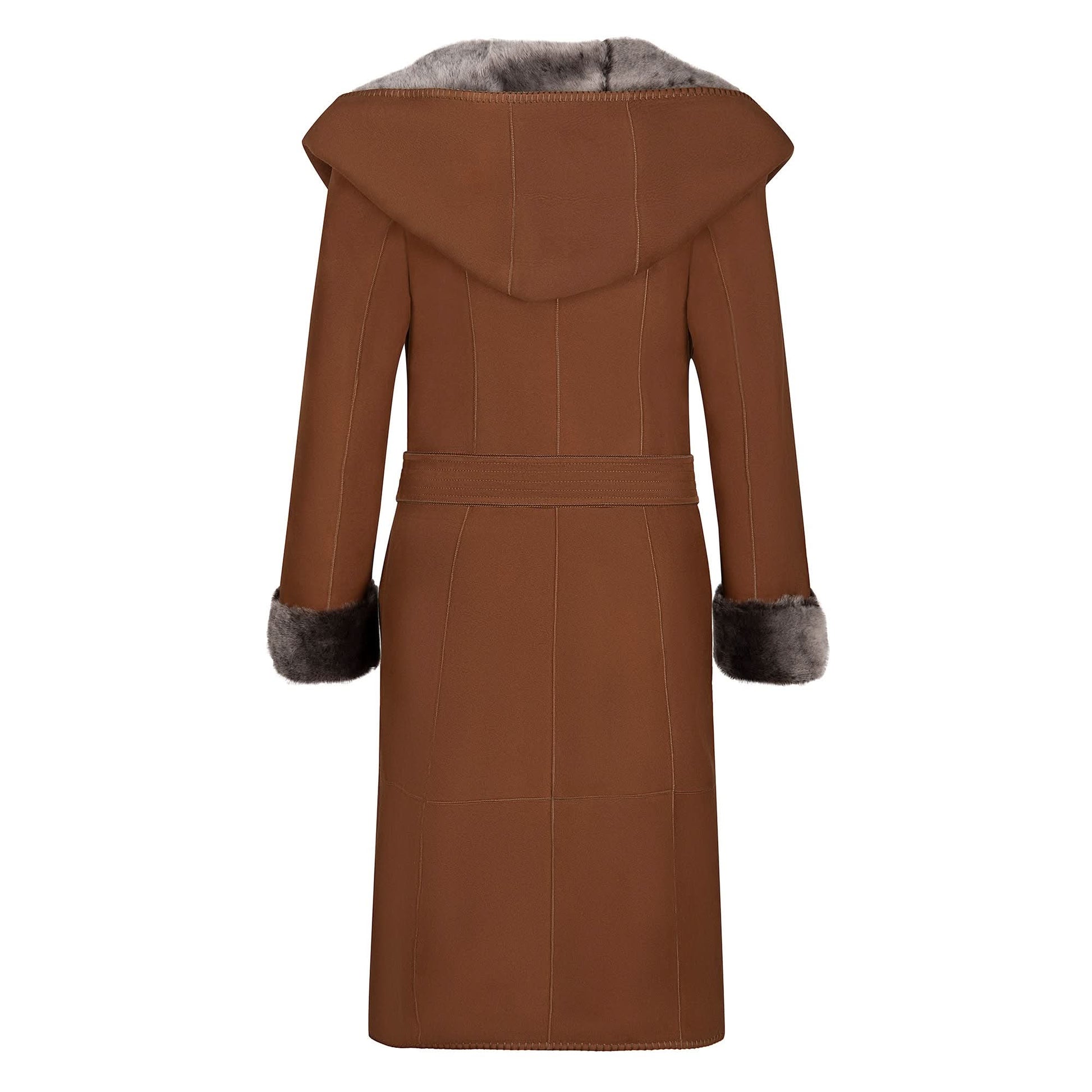 Brown sheepskin coat with fur-lined hood and cuffs, back view. - Yellow Earth Australia