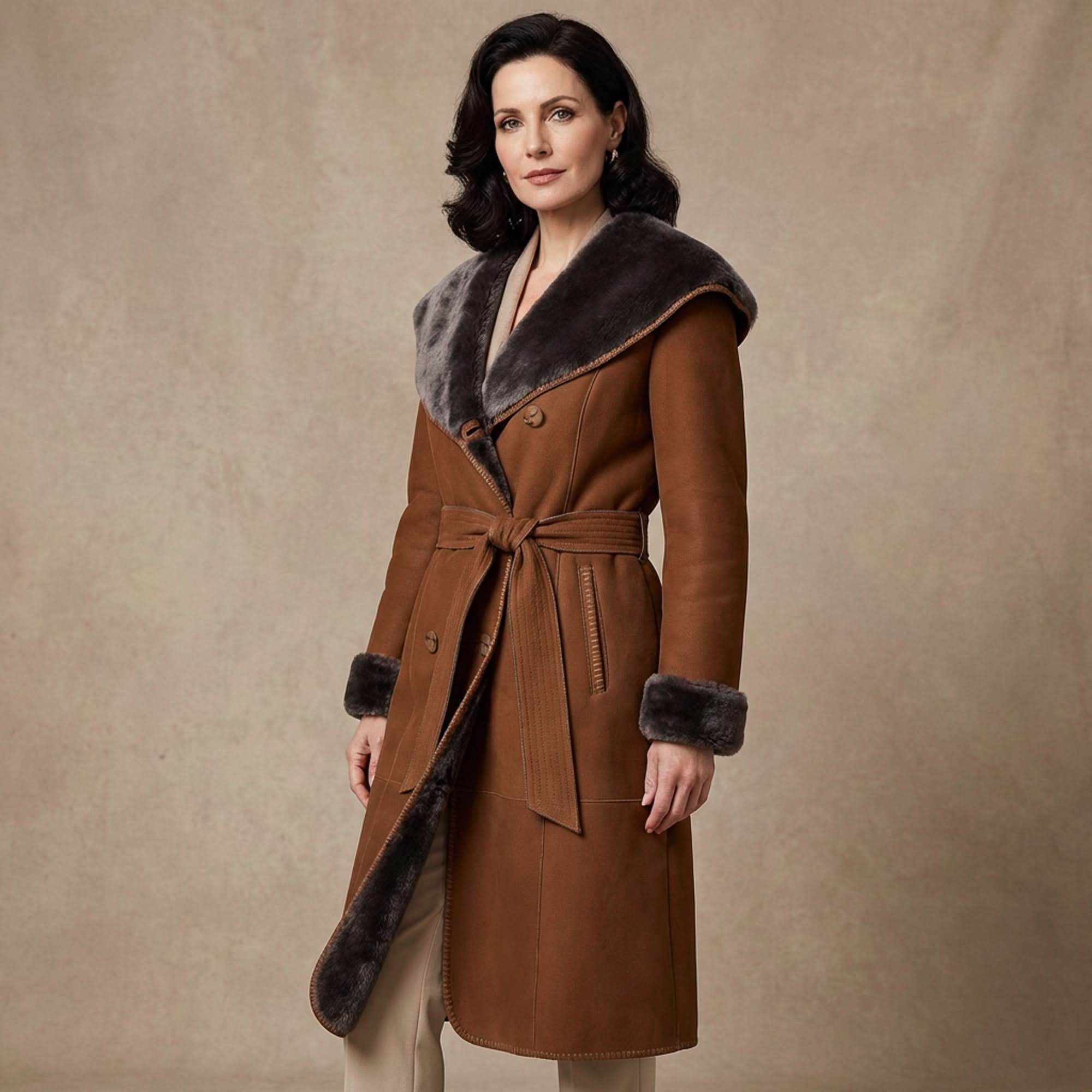 Women's cognac sheepskin coat with grey fur collar and cuffs, front view. - Yellow Earth Australia