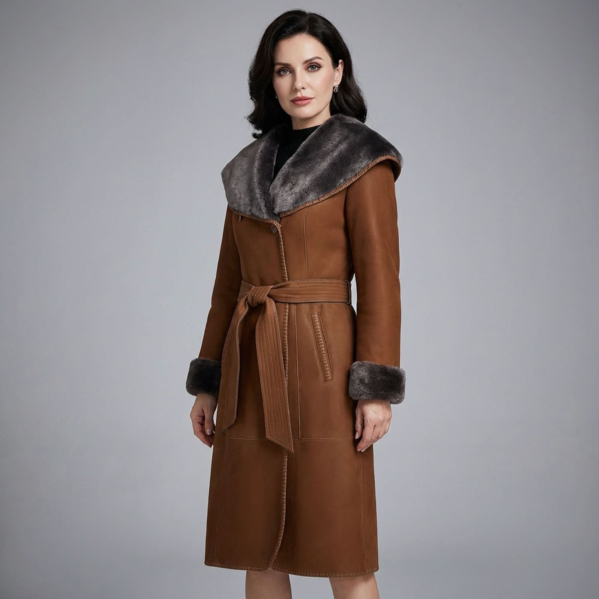 Brown sheepskin coat with grey fur collar and cuffs, front view. - Yellow Earth Australia
