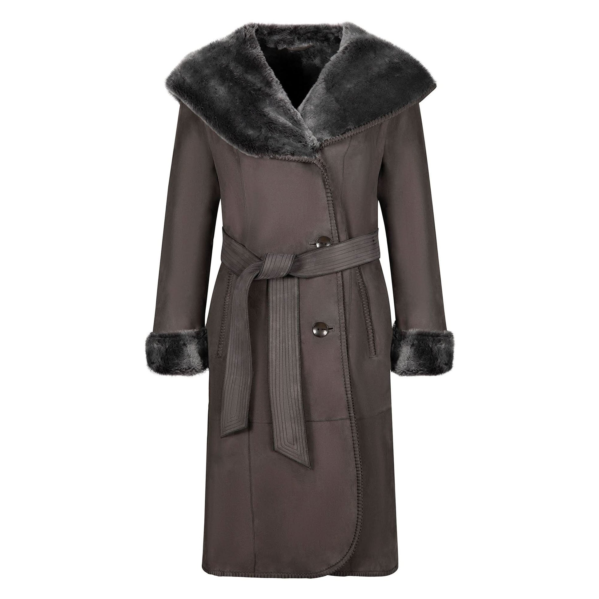 Grey sheepskin coat with fur collar and cuffs, front view. - Yellow Earth Australia