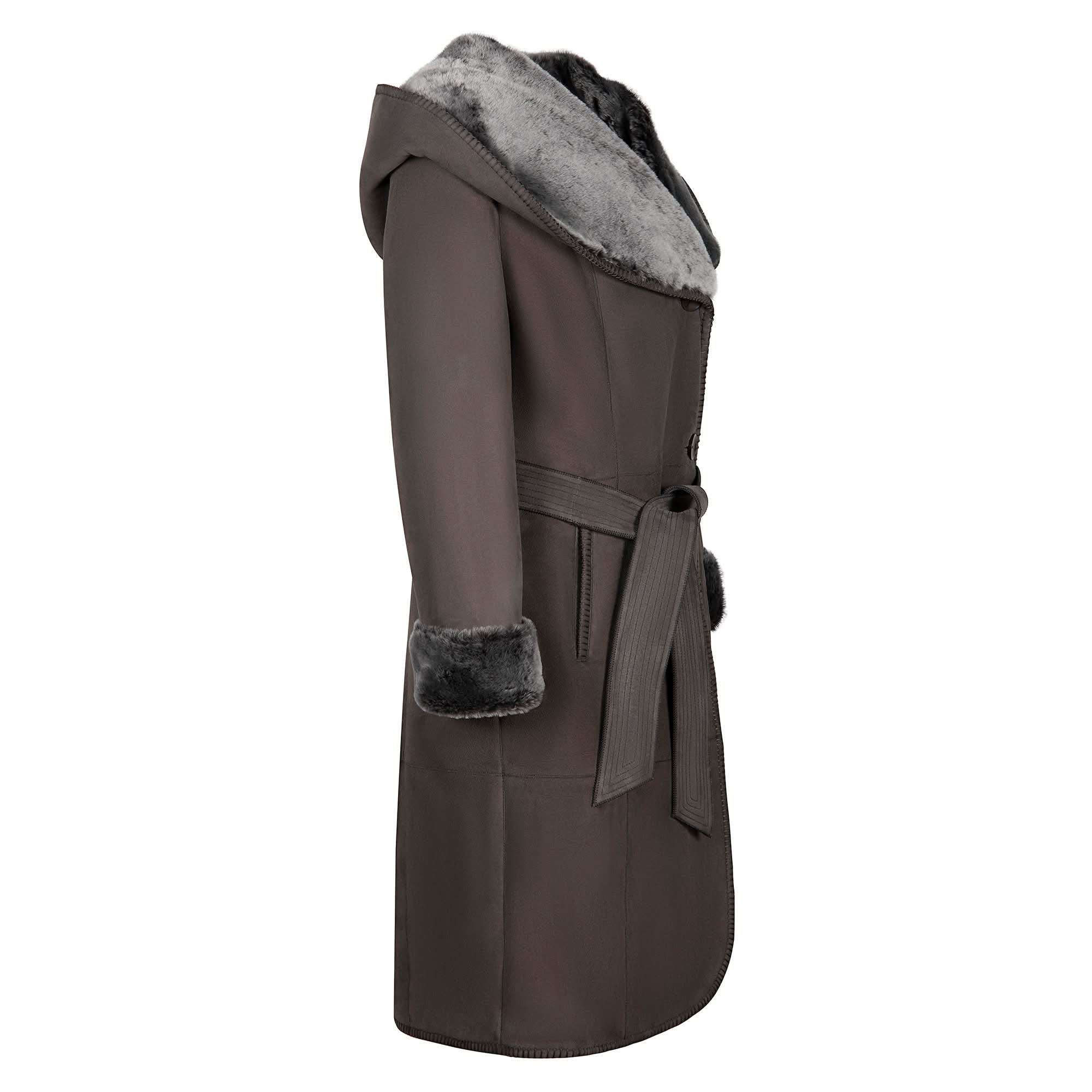 Charcoal grey sheepskin coat with grey fur collar and cuffs, side view. - Yellow Earth Australia