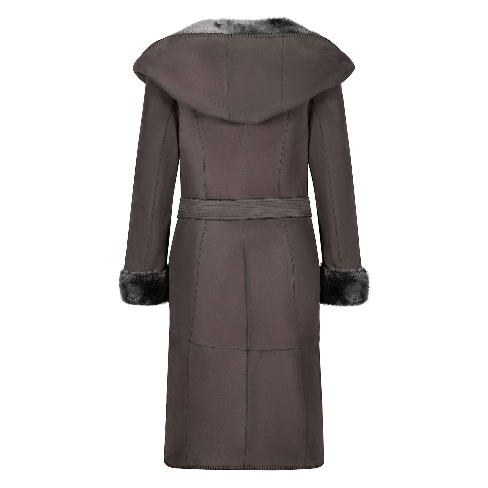 Charcoal wool coat with fur-lined hood and cuffs, back view. - Yellow Earth Australia