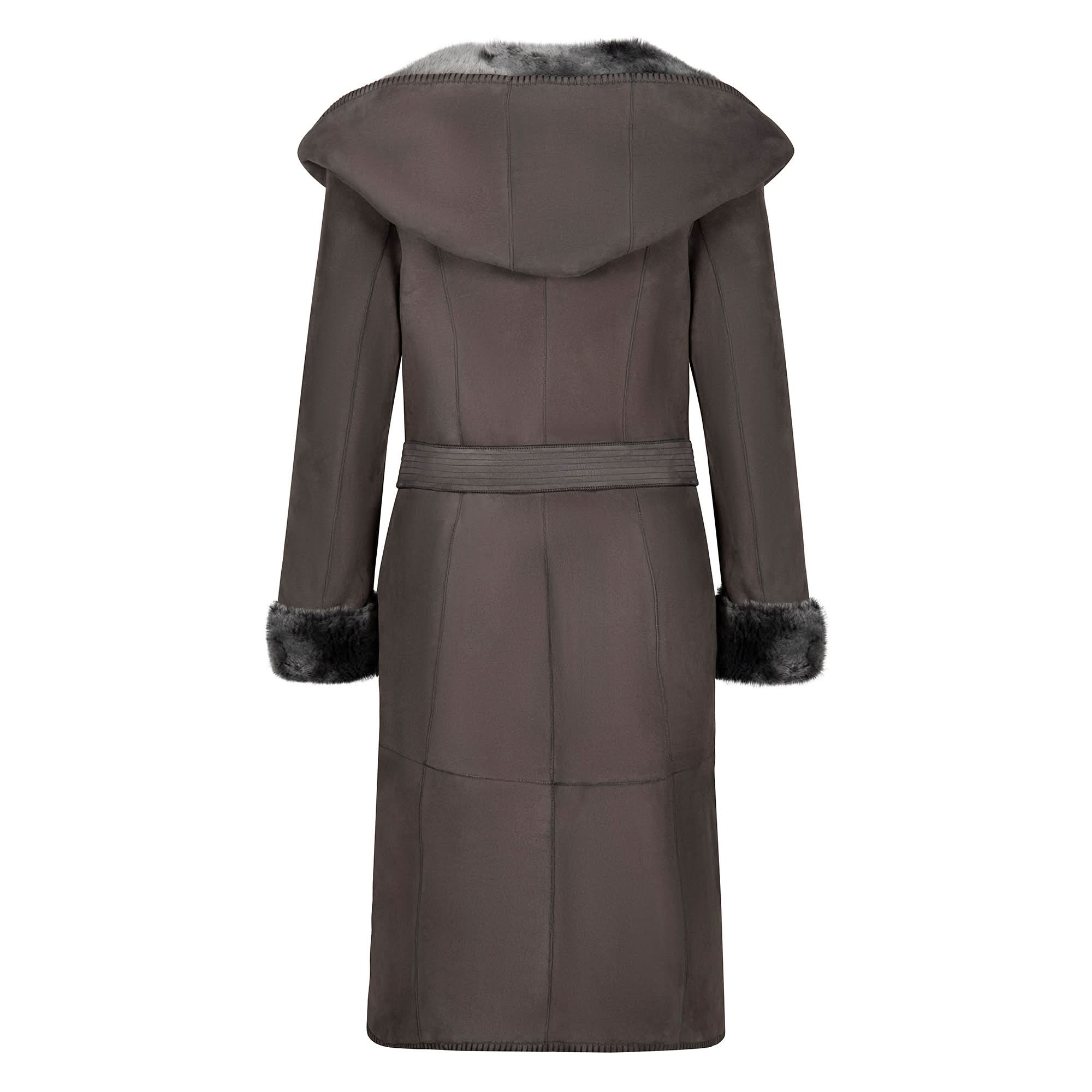 Charcoal wool coat with fur-lined hood and cuffs, back view. - Yellow Earth Australia