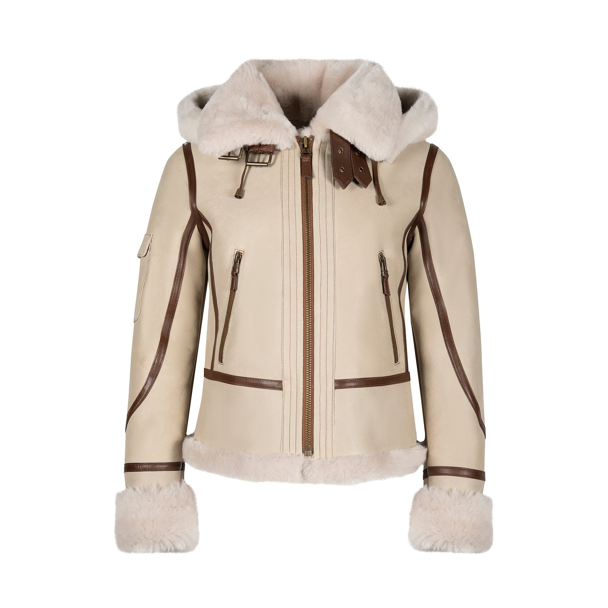 Cream sheepskin jacket with brown leather trim and fur collar, front view. - Yellow Earth Australia