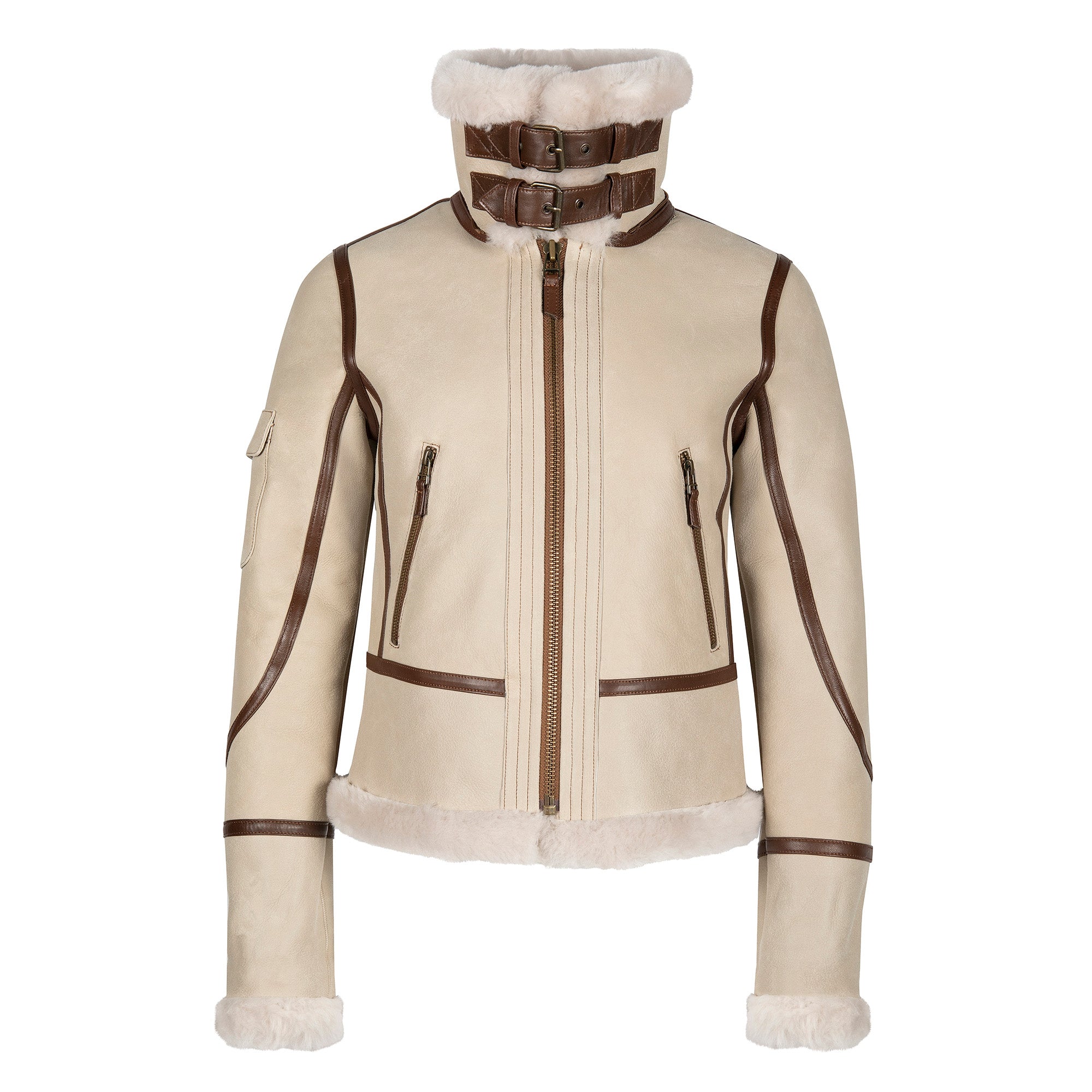 Women's cream sheepskin jacket with brown leather trim and fleece collar, front view. - Yellow Earth Australia