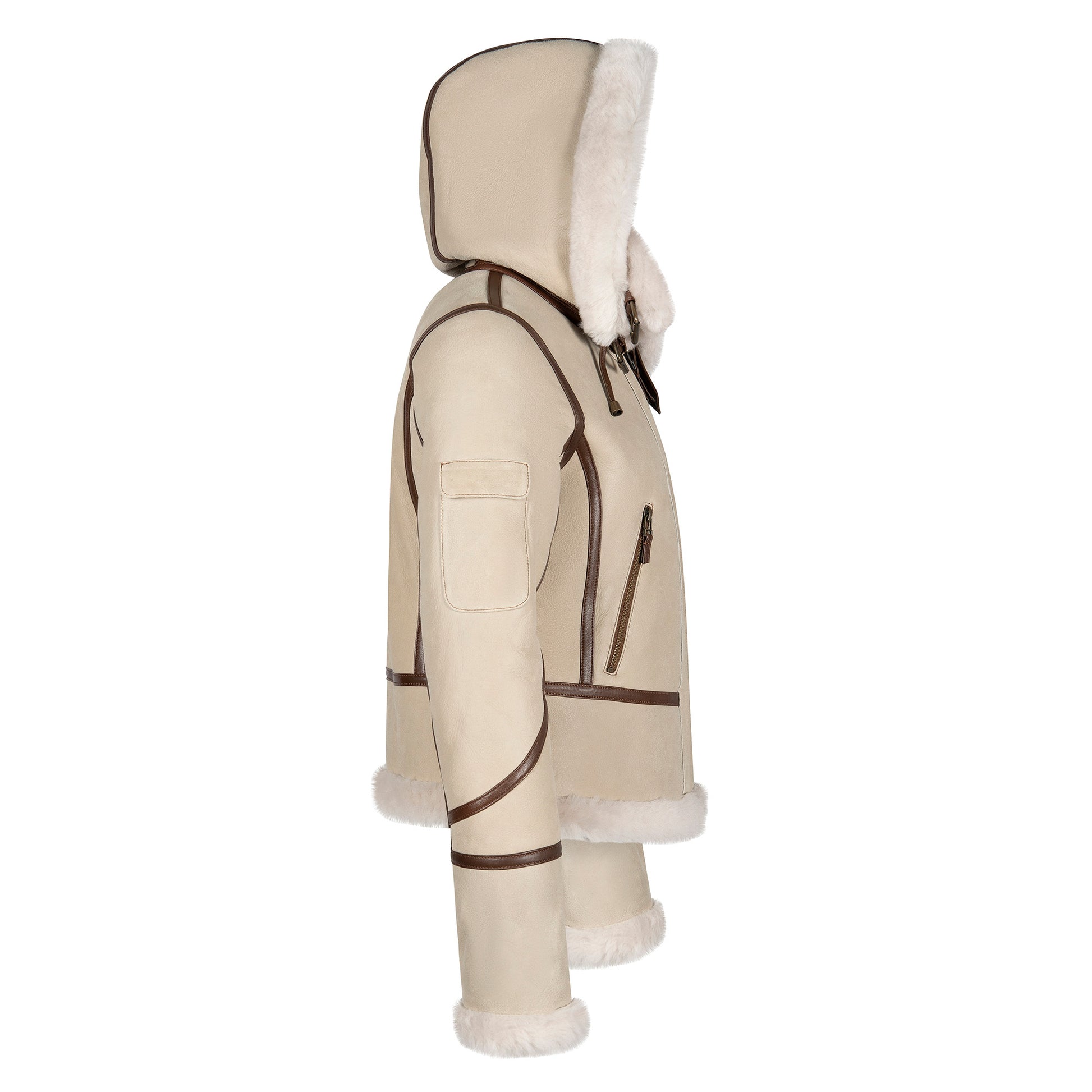 Cream sheepskin hooded jacket with white wool trim, side view. - Yellow Earth Australia