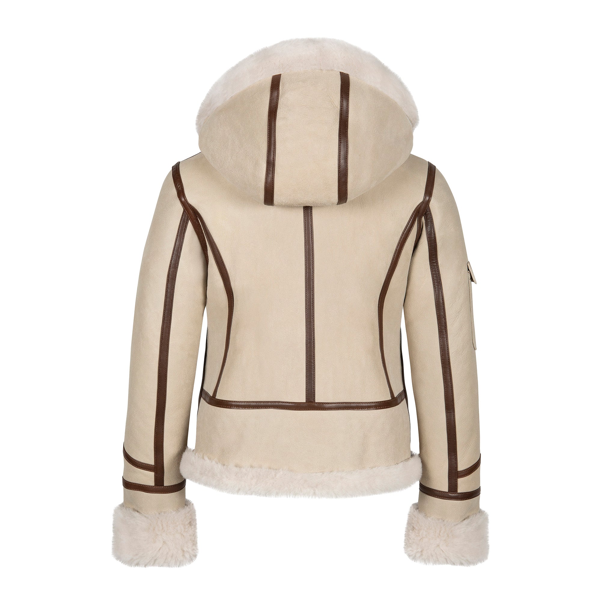Cream sheepskin jacket with brown trim and fleece cuffs, back view. - Yellow Earth Australia