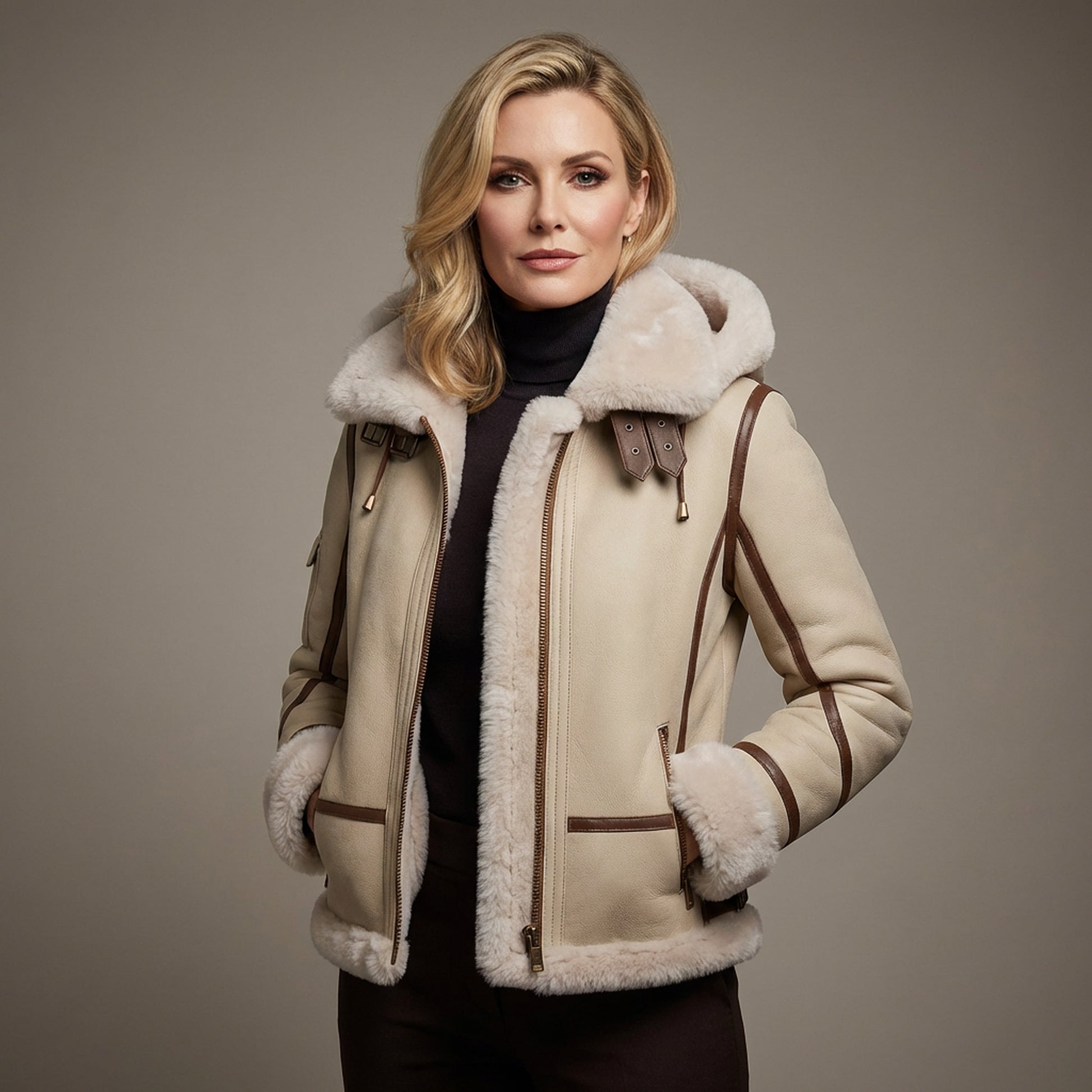 Cream sheepskin jacket with fluffy wool collar and cuffs, front view. - Yellow Earth Australia