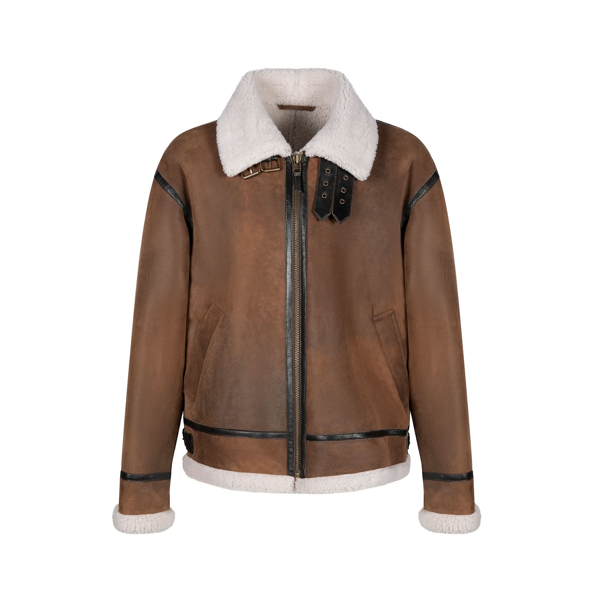 Brown sheepskin aviator jacket with cream wool collar and cuffs, front view. - Yellow Earth Australia