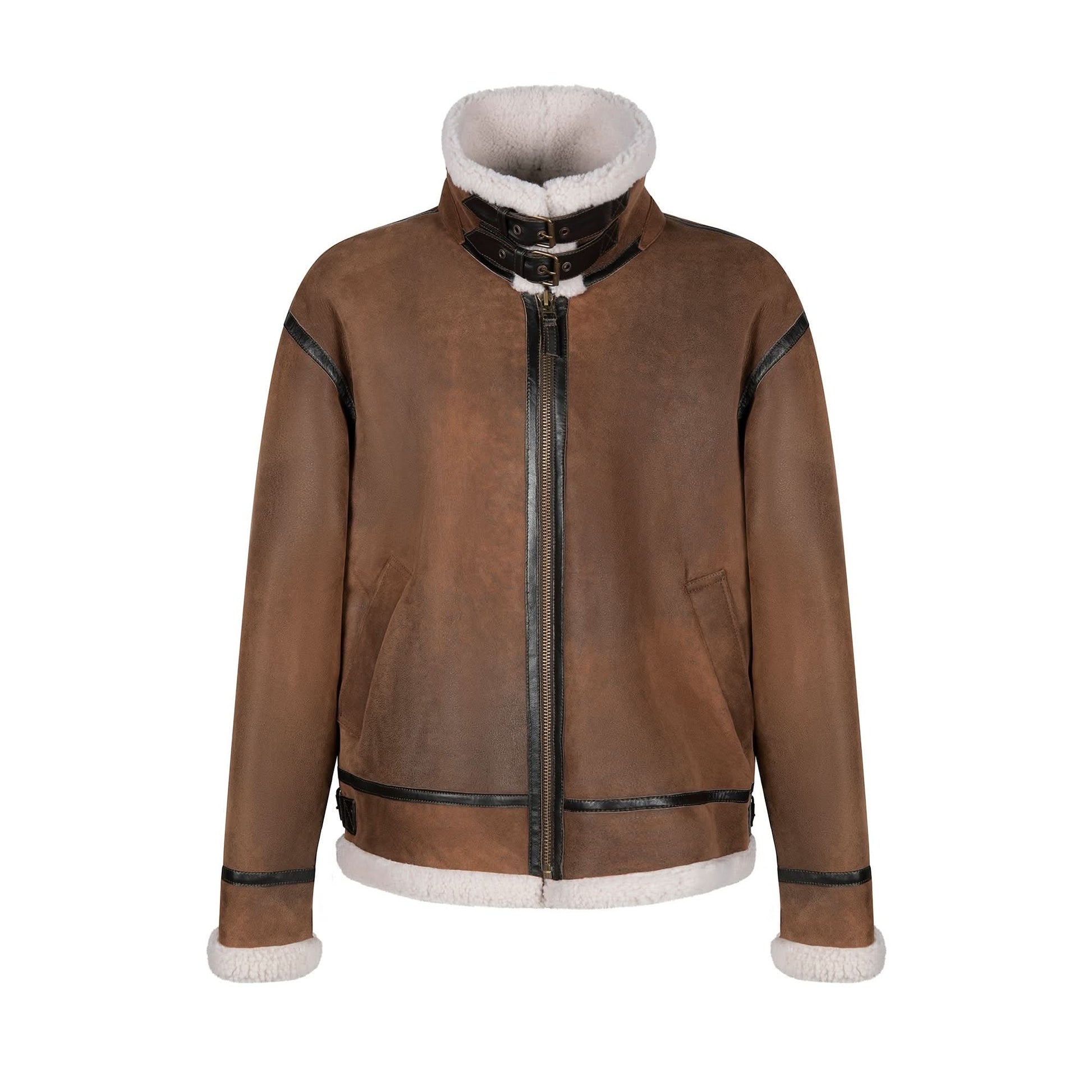 Brown sheepskin aviator jacket with cream fleece lining and black leather trim, front view. - Yellow Earth Australia