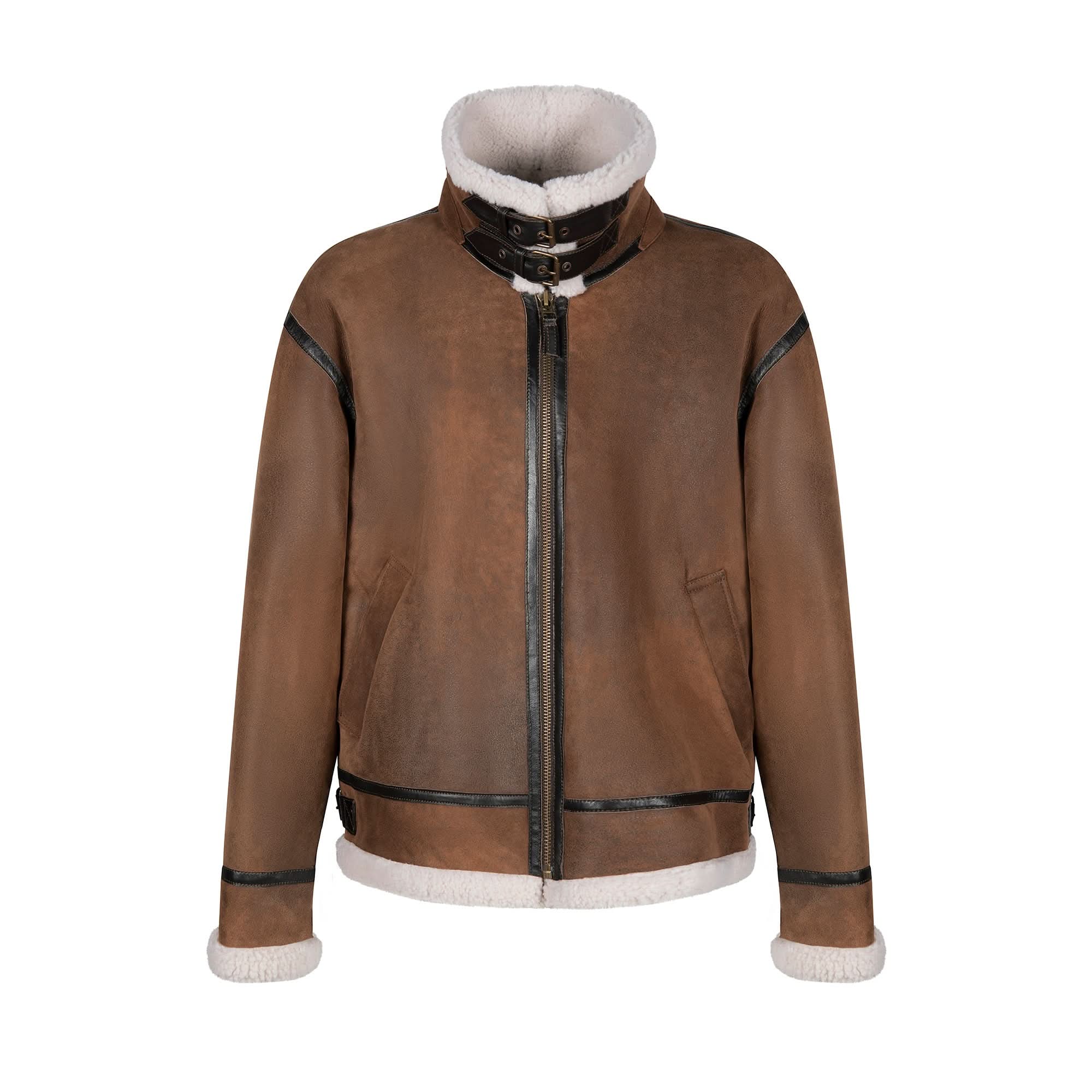 Brown sheepskin aviator jacket with cream fleece lining and black leather trim, front view. - Yellow Earth Australia