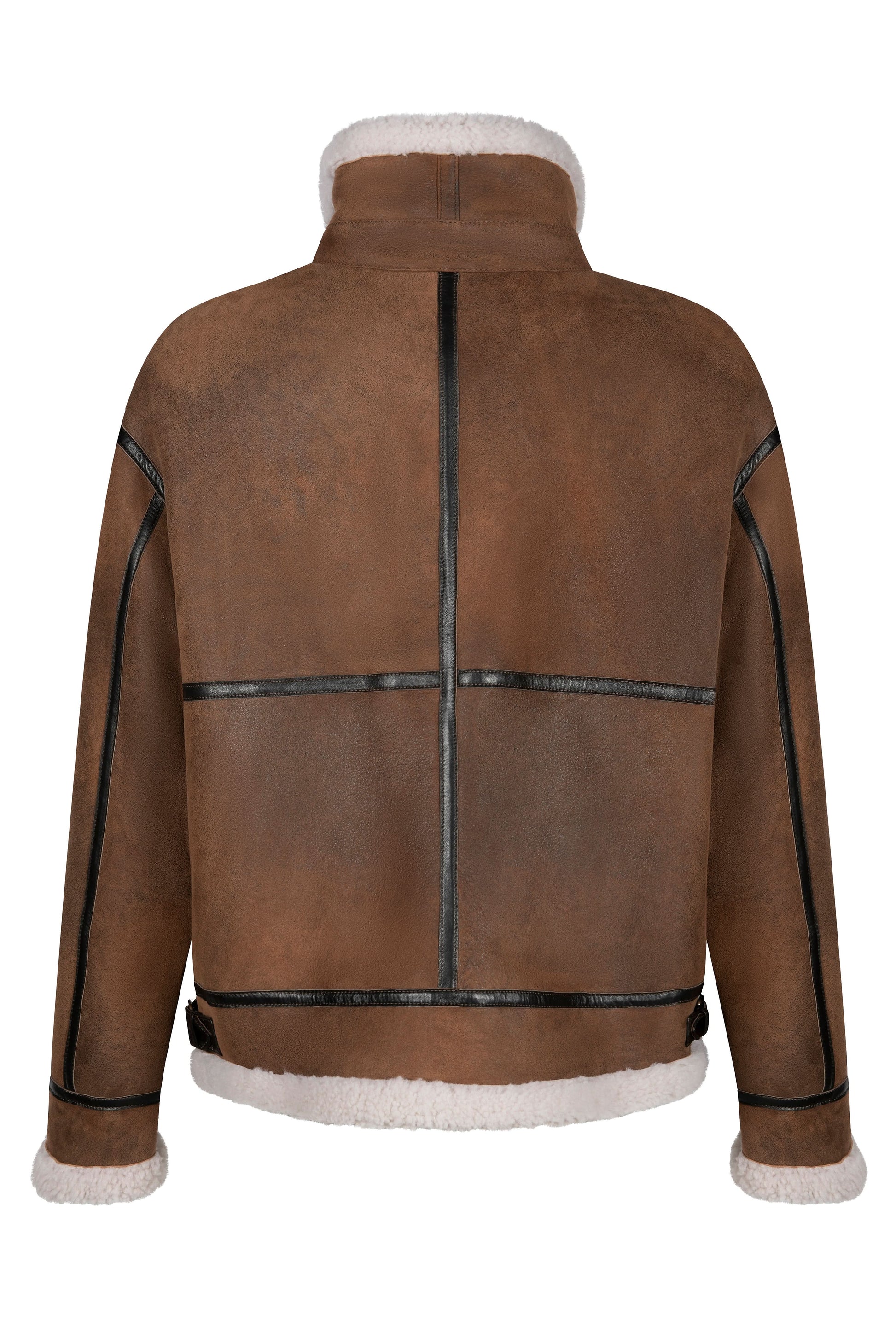Brown sheepskin bomber jacket with cream fleece lining, back view. - Yellow Earth Australia